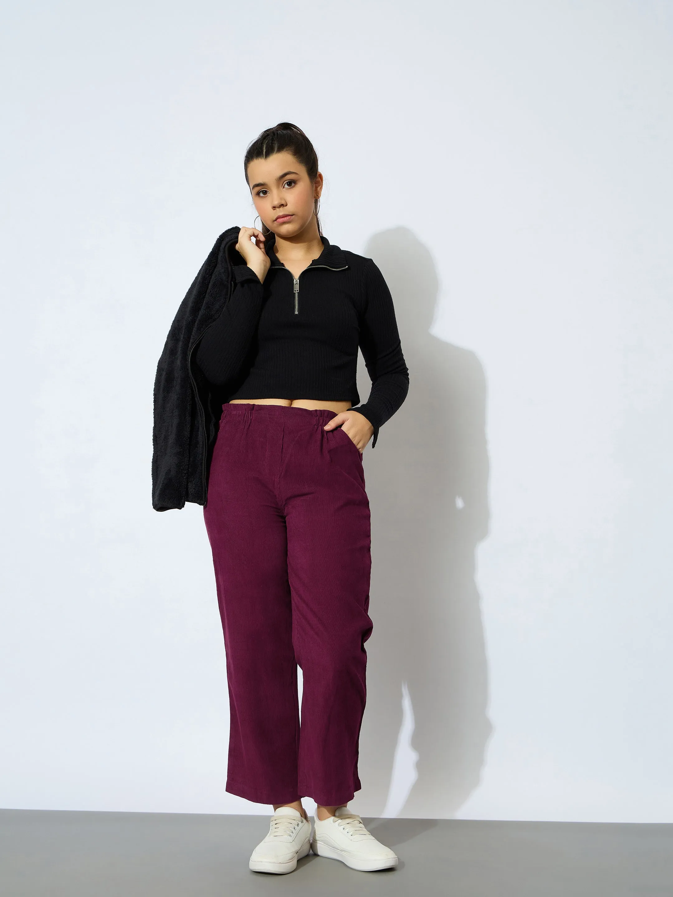 Girl Maroon Corduroy Paper Bag Waist Pants