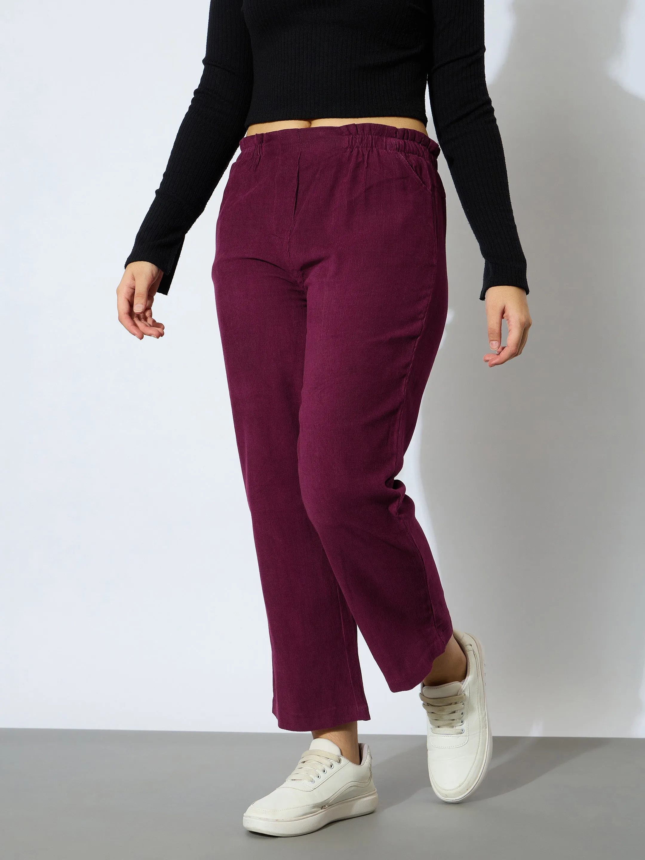 Girl Maroon Corduroy Paper Bag Waist Pants