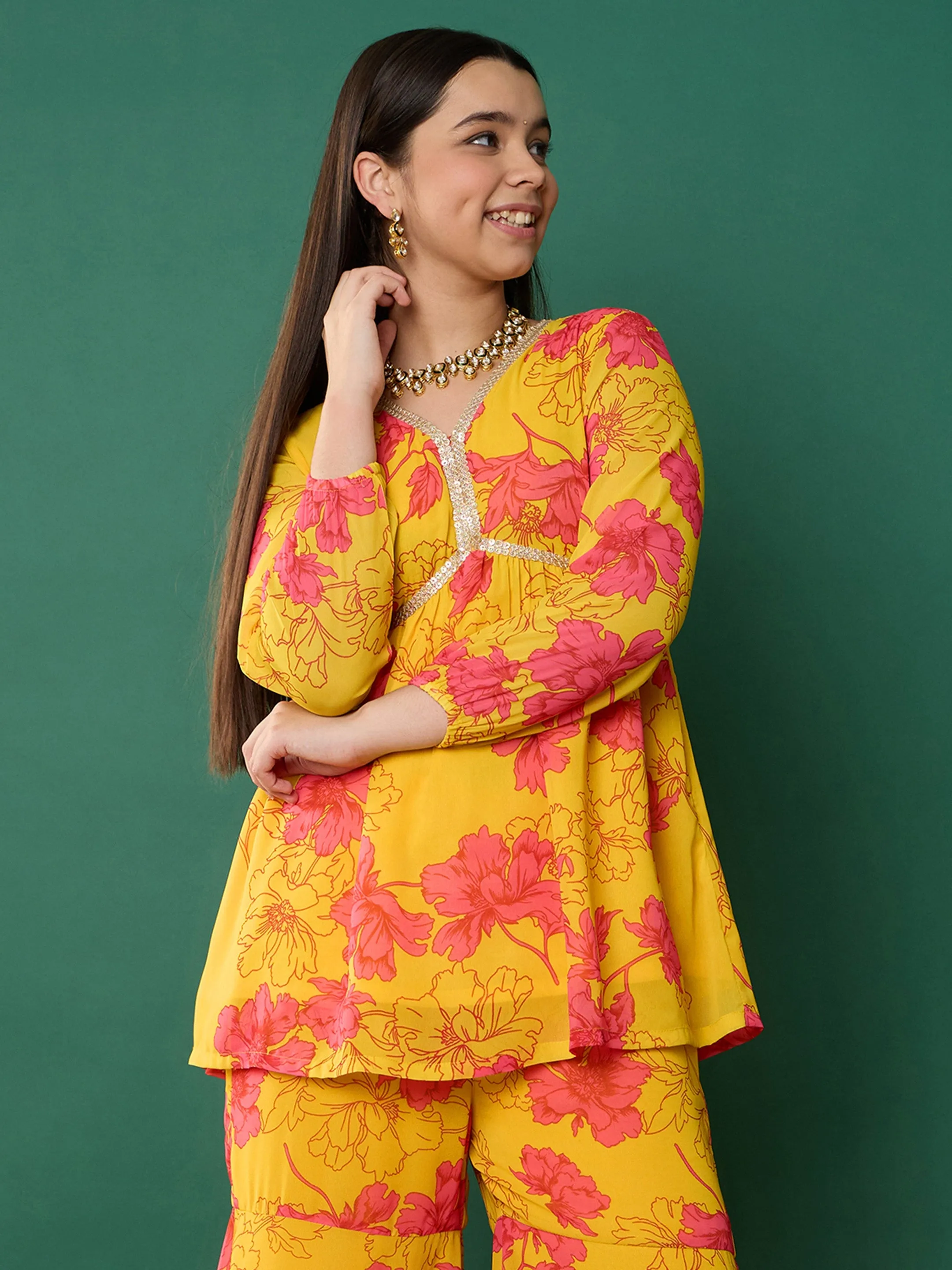 Girl Yellow Floral Peplum Top With Biased Flare Sharara