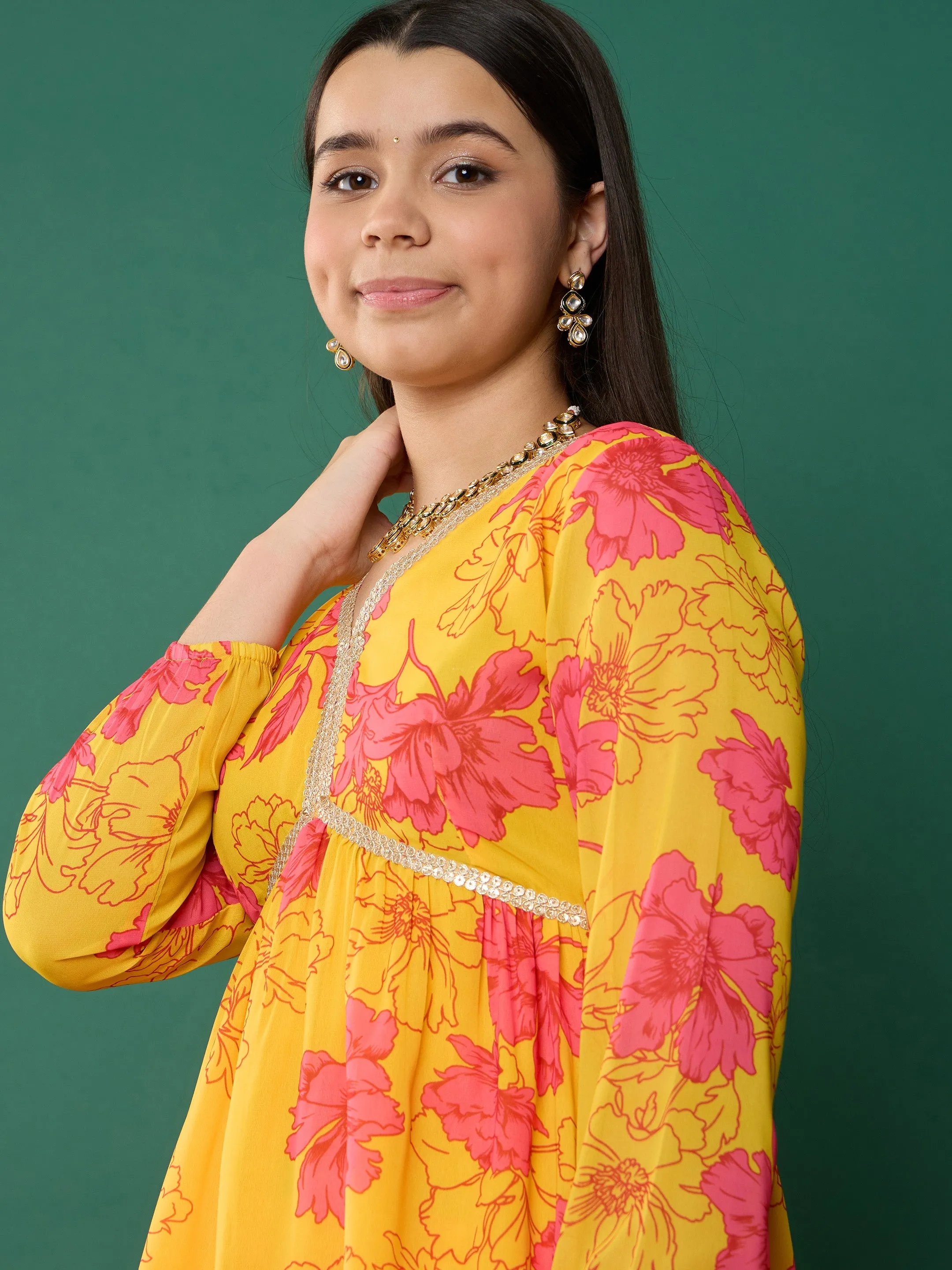 Girl Yellow Floral Peplum Top With Biased Flare Sharara