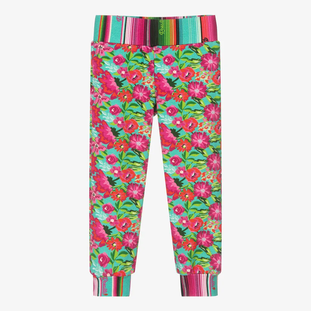 Girls Blue & Pink Viscose Floral Joggers