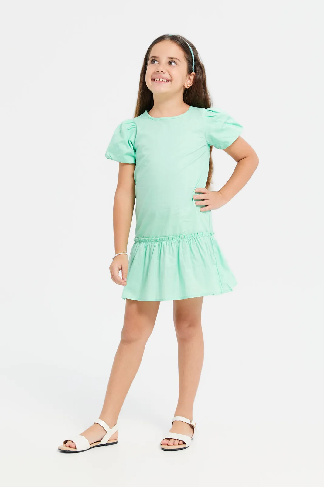 Girls Green  Short Sleeves Dress