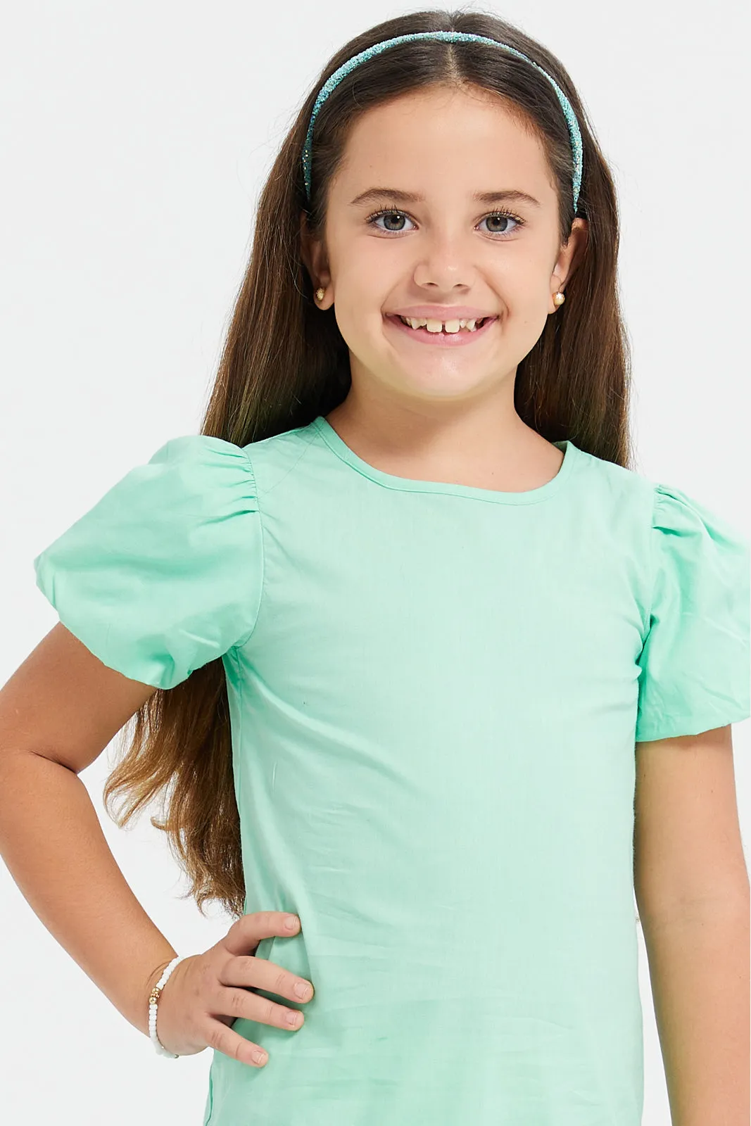 Girls Green  Short Sleeves Dress