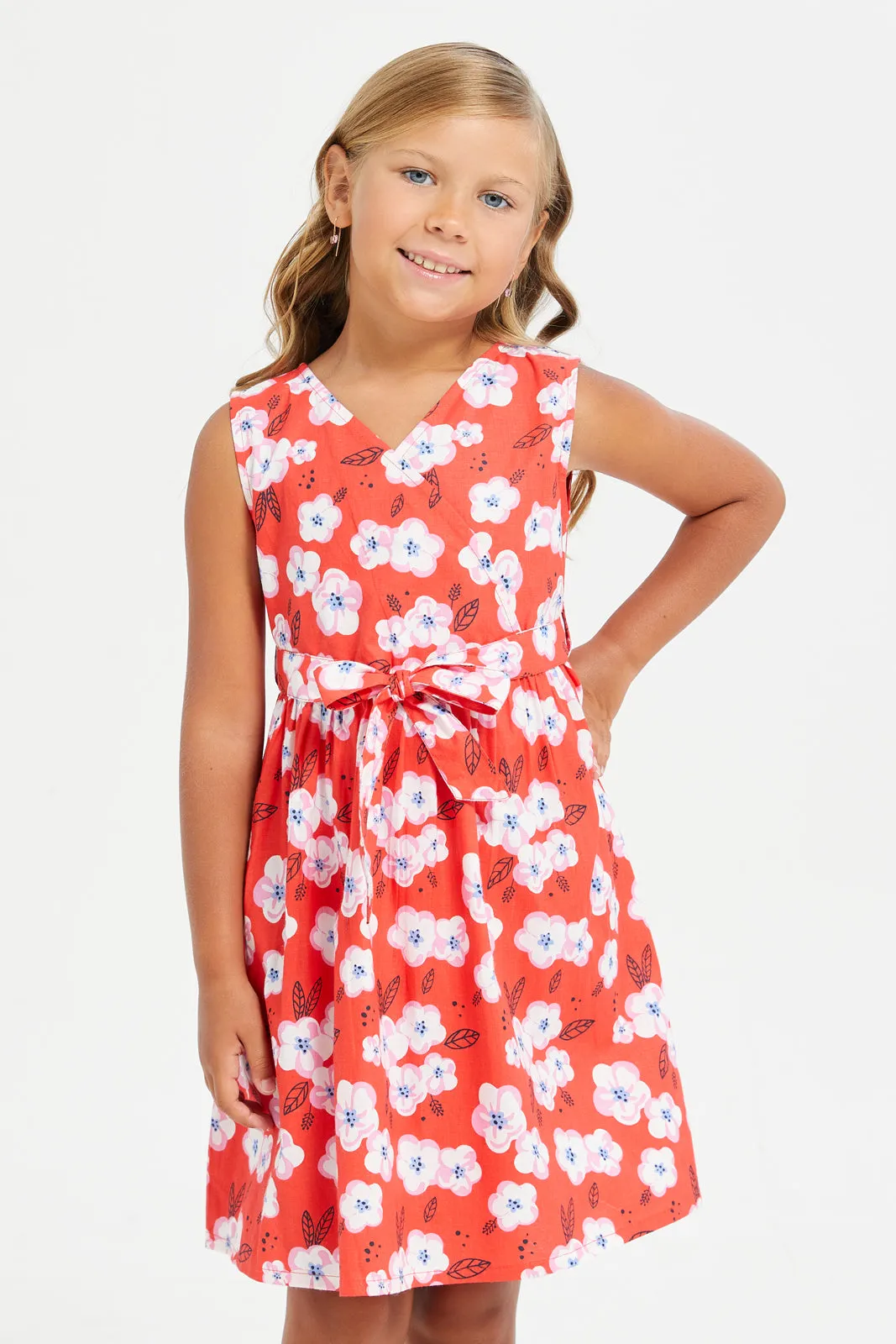 Girls Red Floral Printed Dress