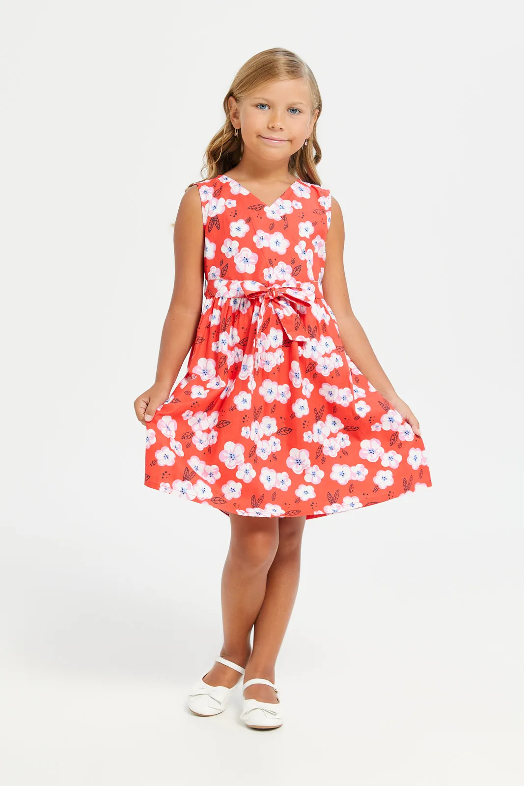 Girls Red Floral Printed Dress