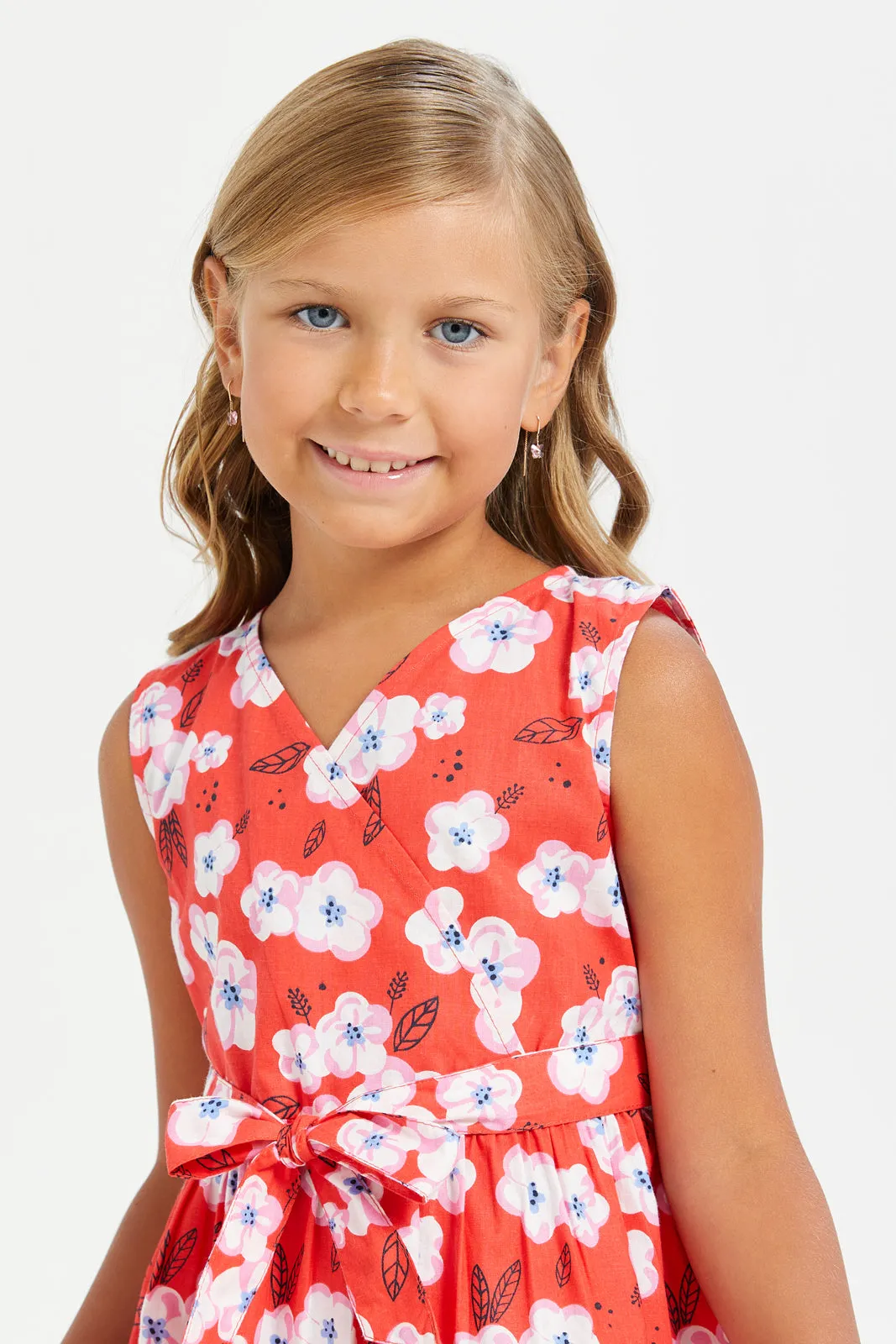 Girls Red Floral Printed Dress