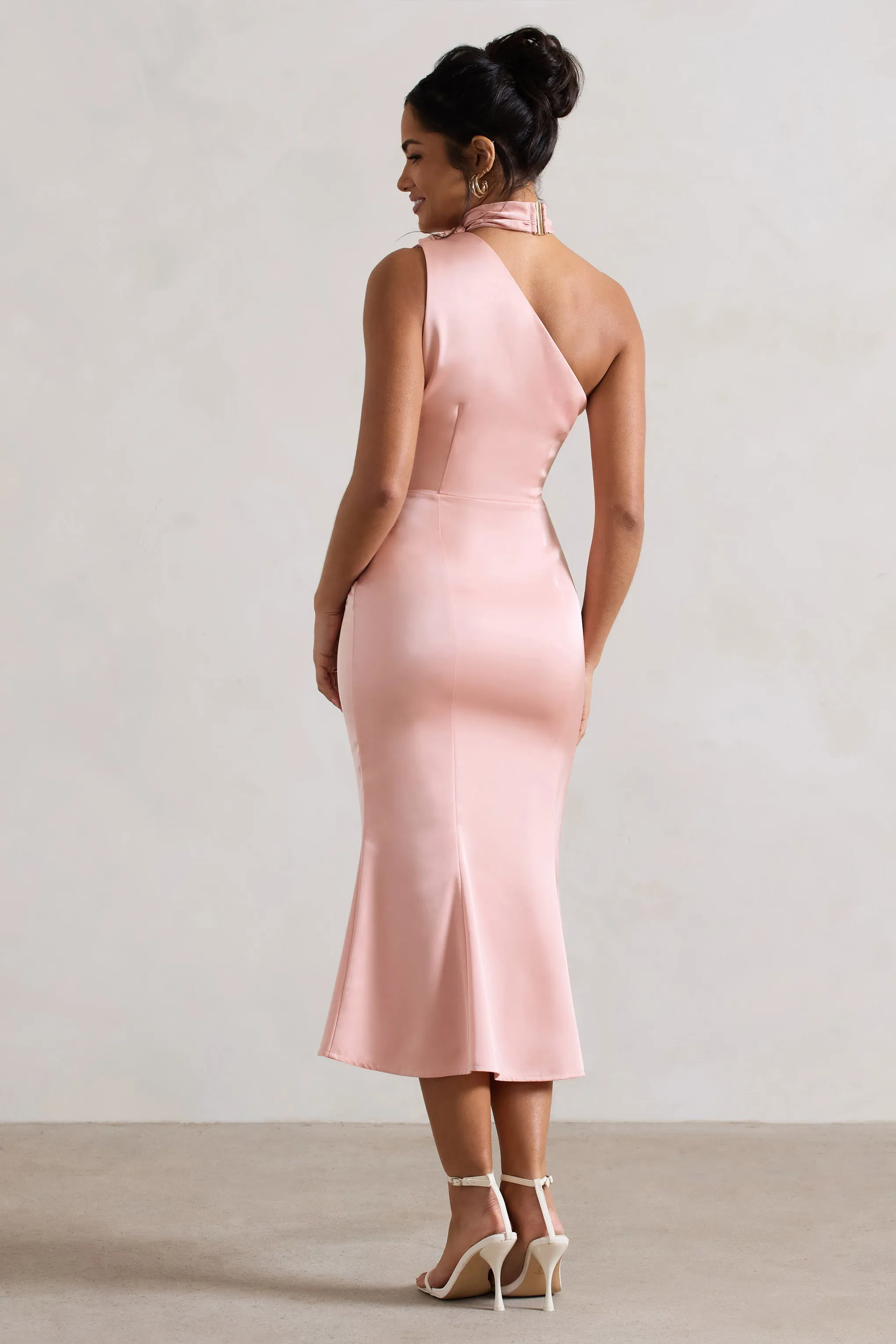 Golden Girl | Blush Pink Satin One Shoulder High-Neck Flared Midi Dress