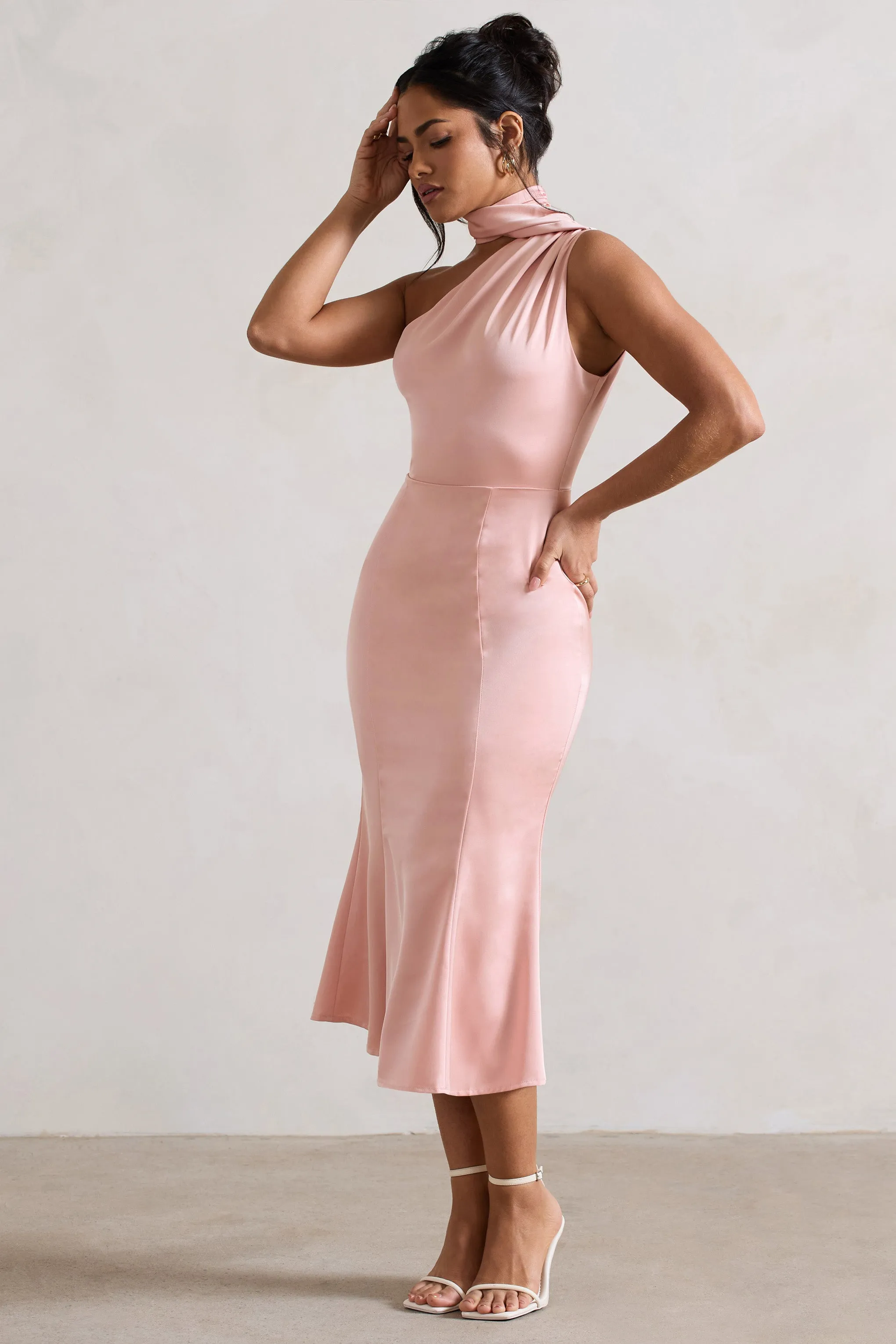 Golden Girl | Blush Pink Satin One Shoulder High-Neck Flared Midi Dress