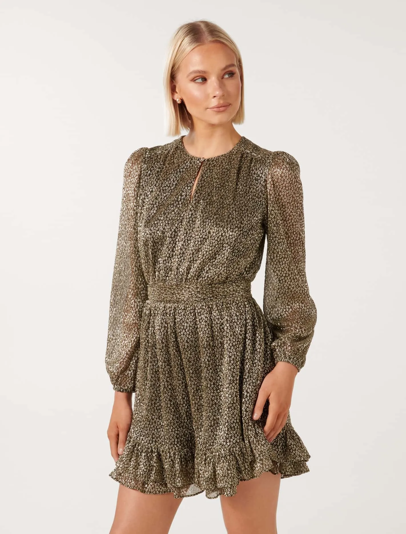 Goldie Long-Sleeve Plisse Mini Dress