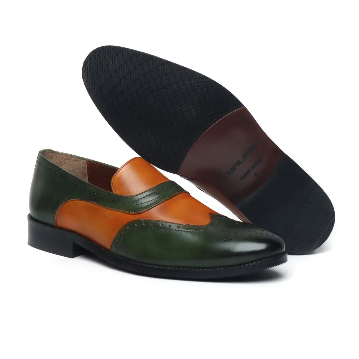 Green-Tan Leather Sassy Slip-On Shoes