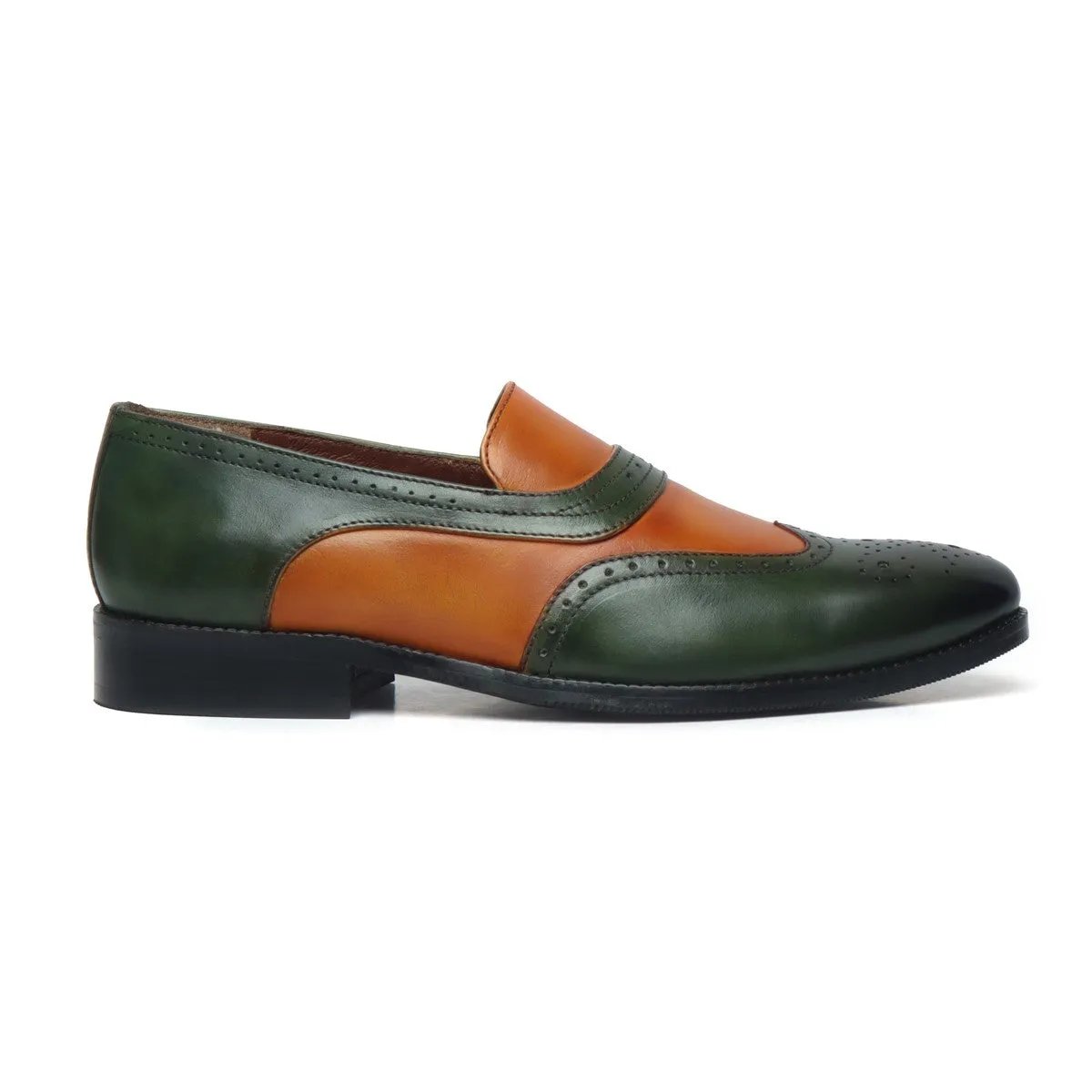 Green-Tan Leather Sassy Slip-On Shoes