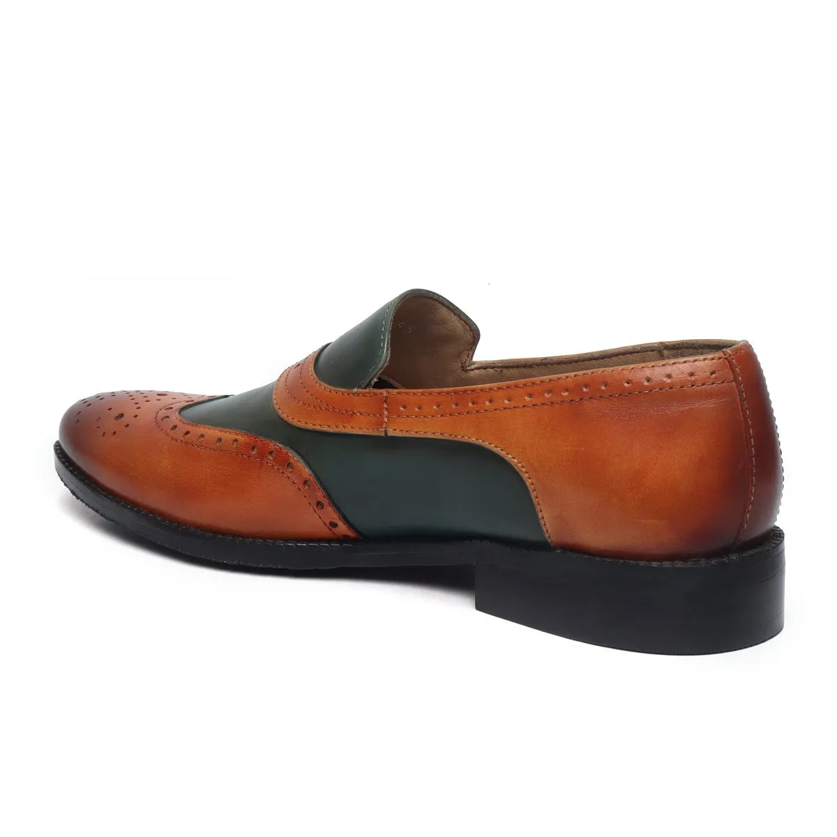 Green-Tan Leather Sassy Slip-On Shoes