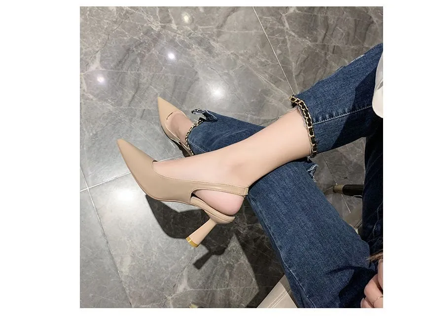 Black High-Heel Slingback Sandals Pointed Toe Chunky Heel