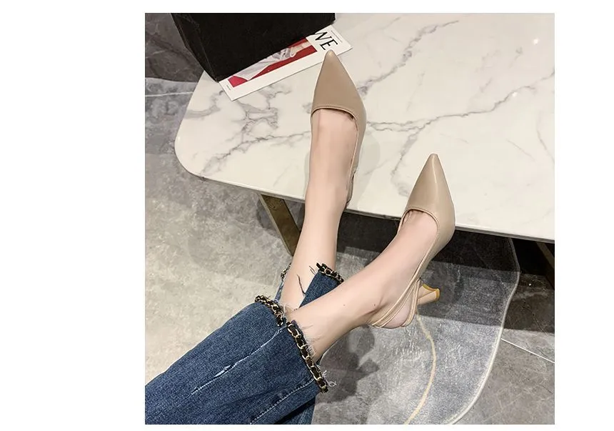 Black High-Heel Slingback Sandals Pointed Toe Chunky Heel