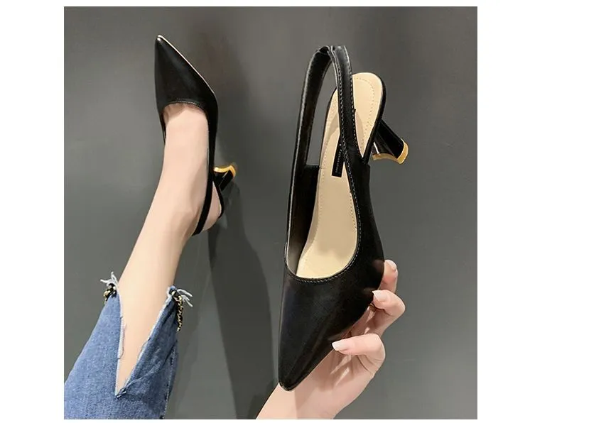 Black High-Heel Slingback Sandals Pointed Toe Chunky Heel