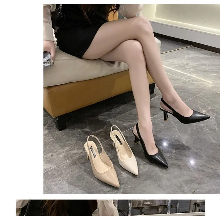 Black High-Heel Slingback Sandals Pointed Toe Chunky Heel