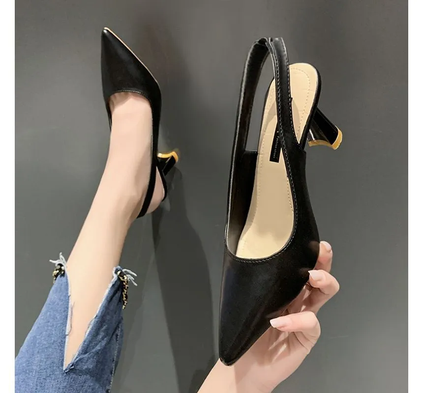 Black High-Heel Slingback Sandals Pointed Toe Chunky Heel