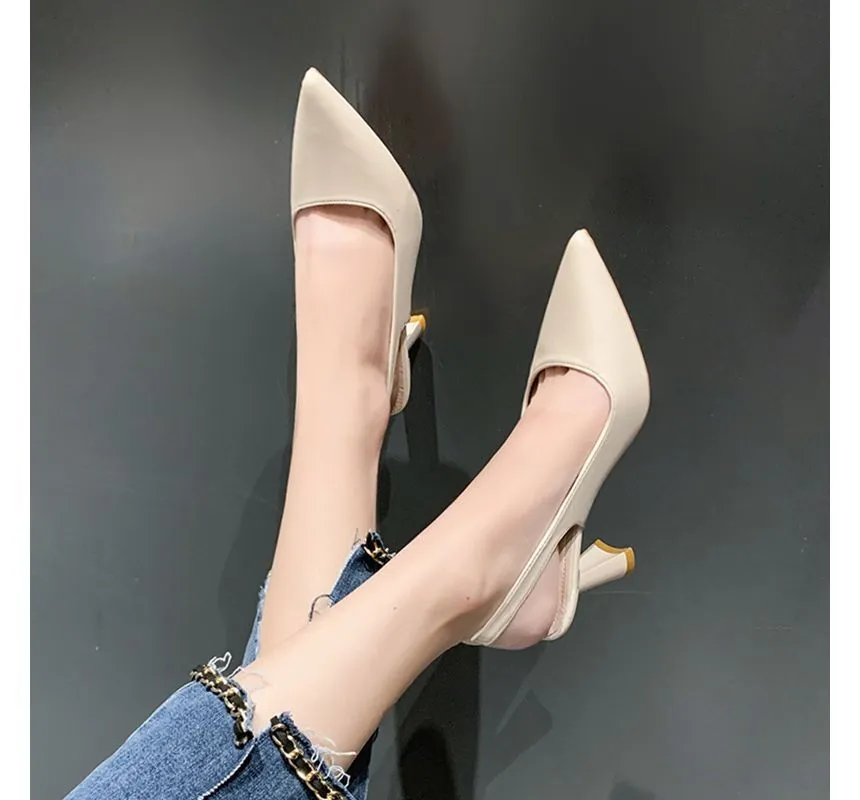 Black High-Heel Slingback Sandals Pointed Toe Chunky Heel