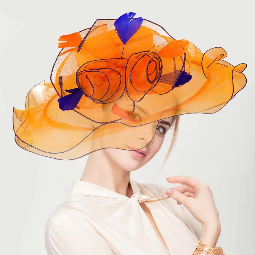 Double Layered Organza Hat with Flower Feather Accents by iLLASPARKZ,