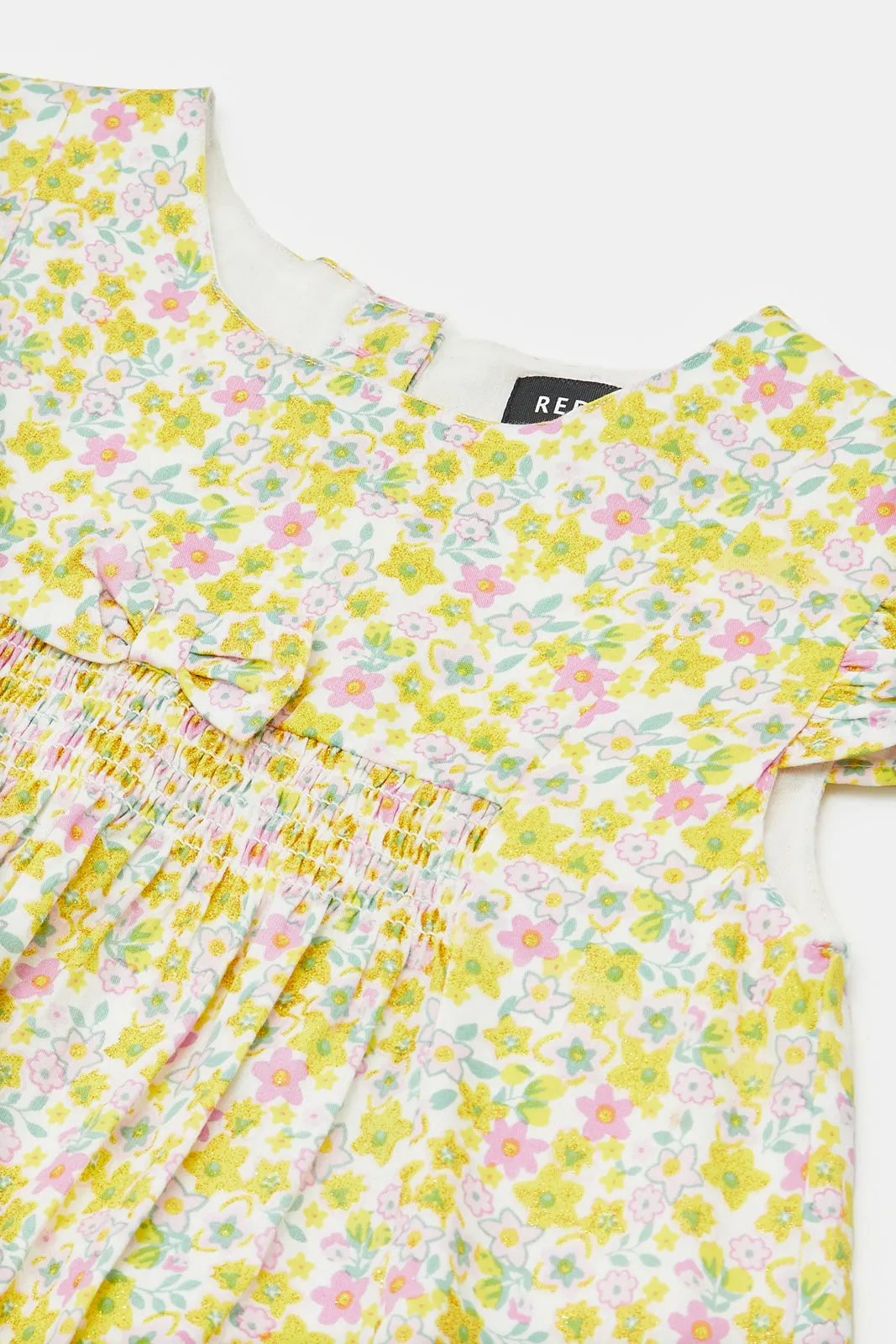 Infant Girls Yellow Floral Glitter Print Dress