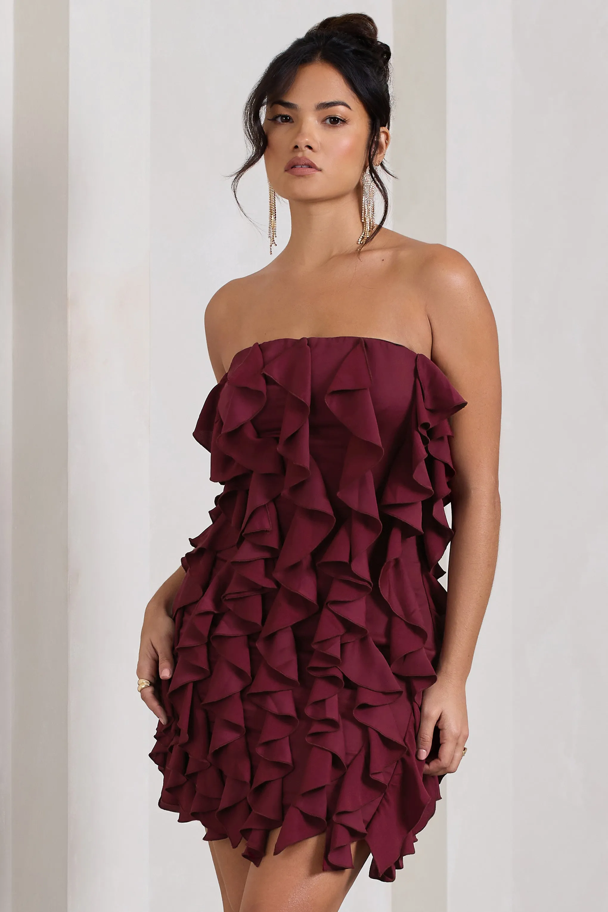 Plum Bandeau Bodycon Mini Dress with Ruffles - Trendy It Girl Style