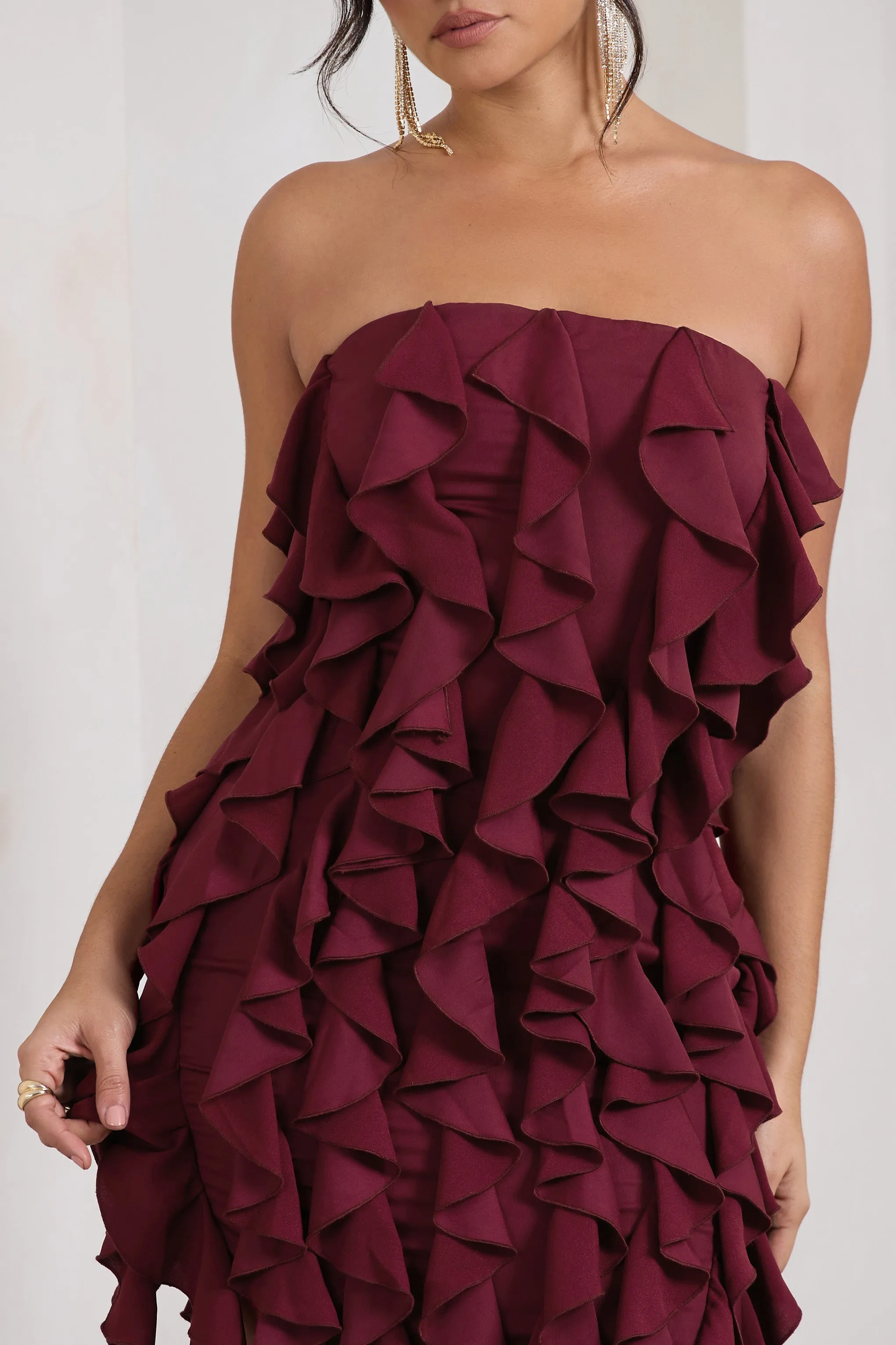 Plum Bandeau Bodycon Mini Dress with Ruffles - Trendy It Girl Style