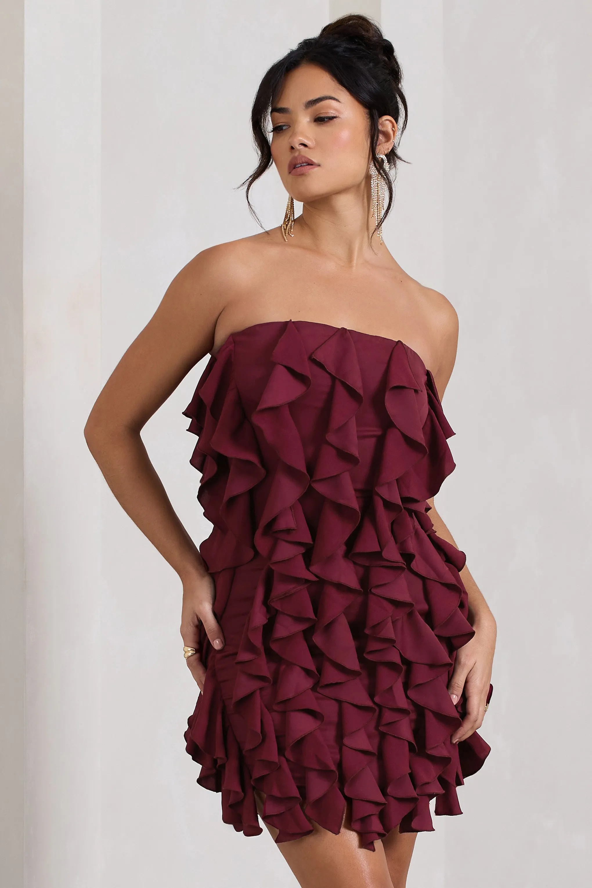 Plum Bandeau Bodycon Mini Dress with Ruffles - Trendy It Girl Style