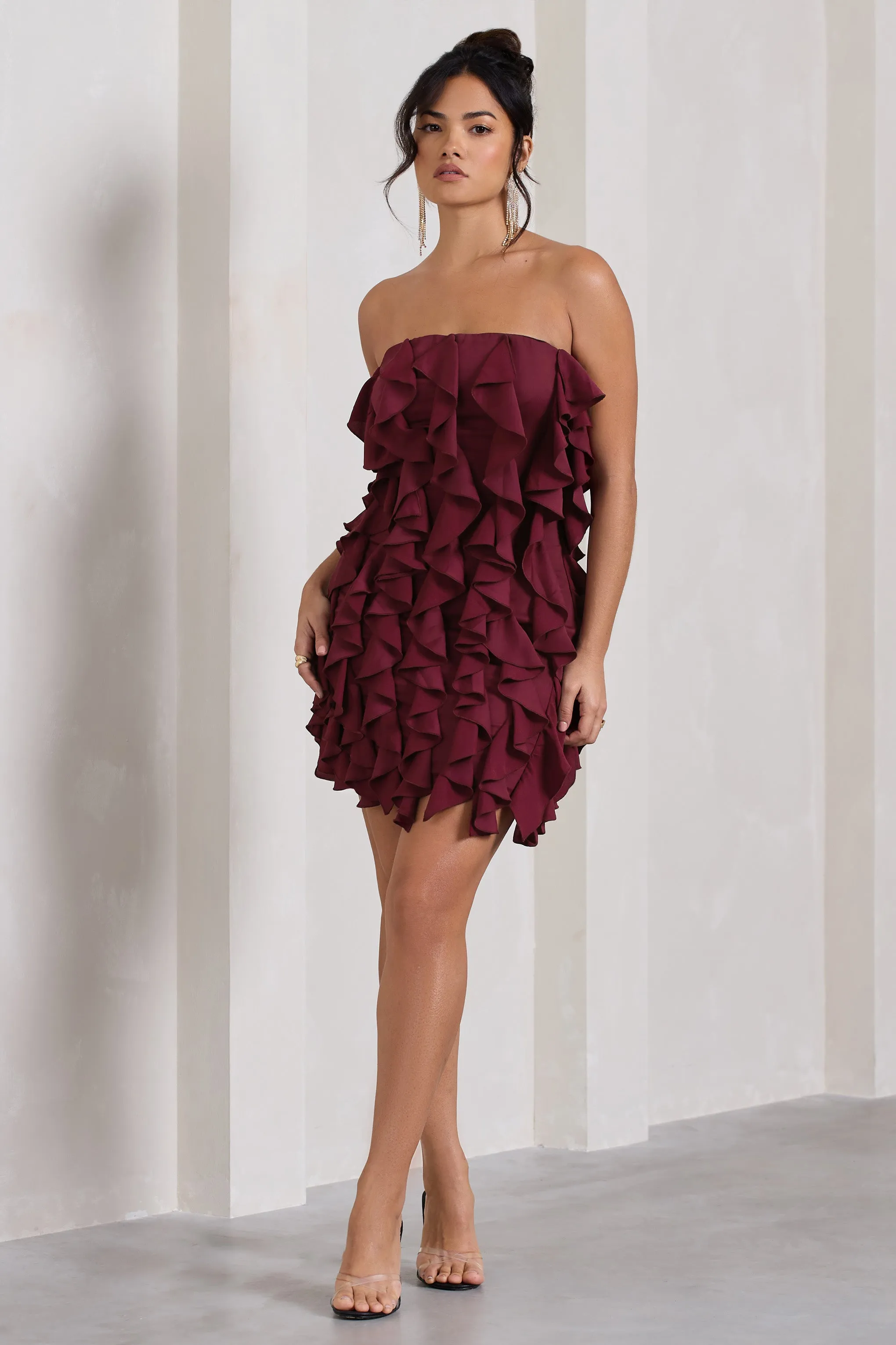 Plum Bandeau Bodycon Mini Dress with Ruffles - Trendy It Girl Style