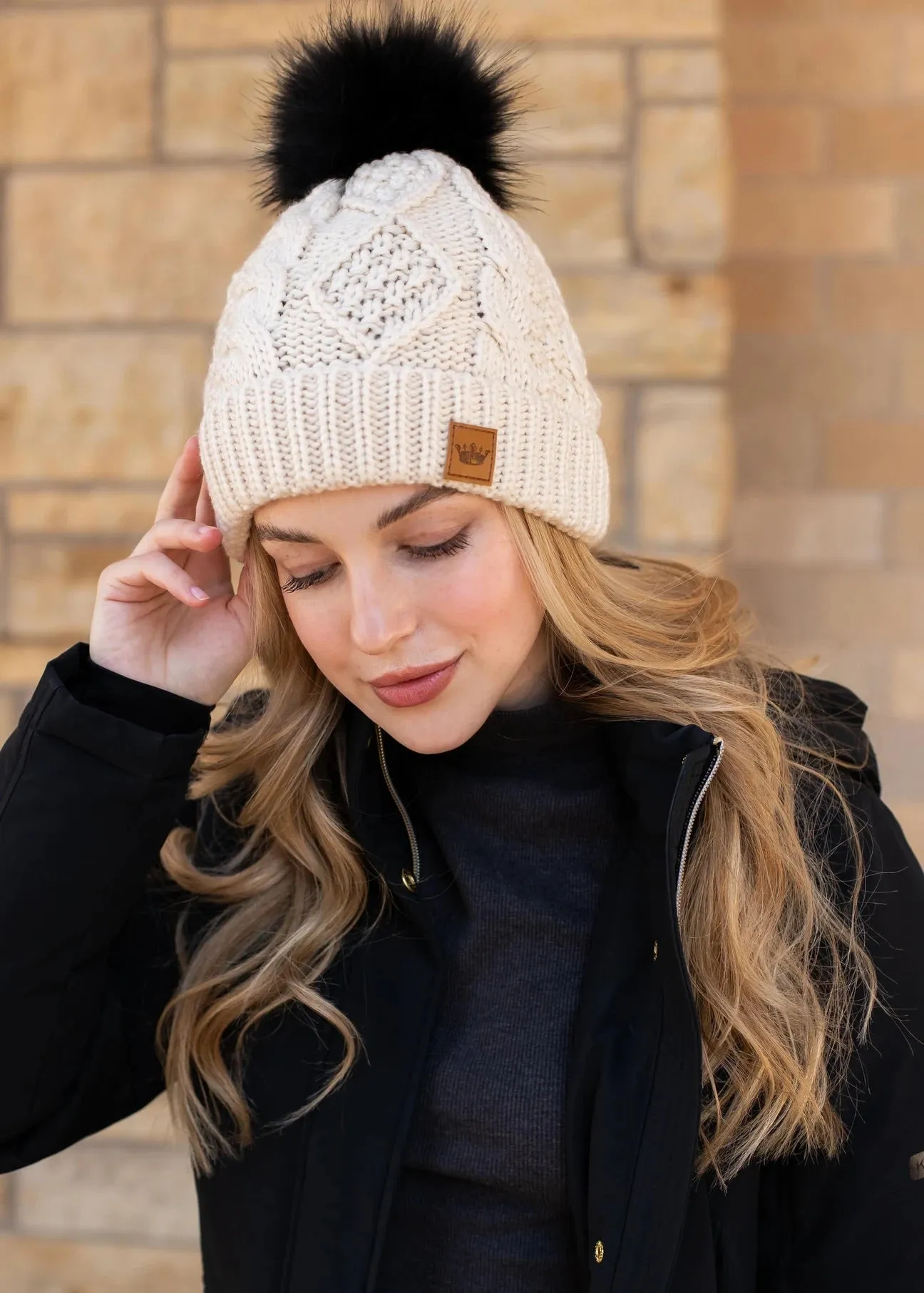 Ivory Cable Knit Hat with Black Pom