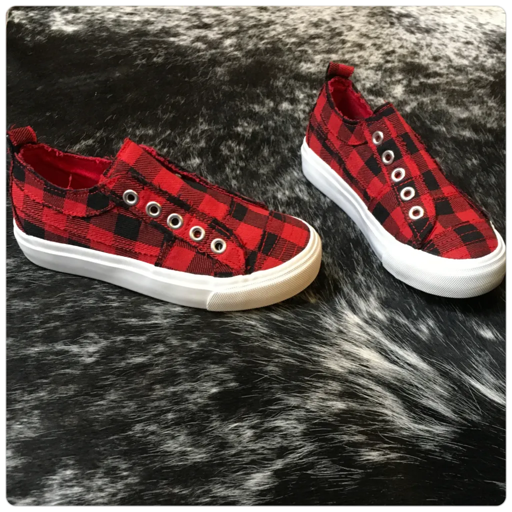 Kids Red Buffalo Plaid Slip on Sneaker