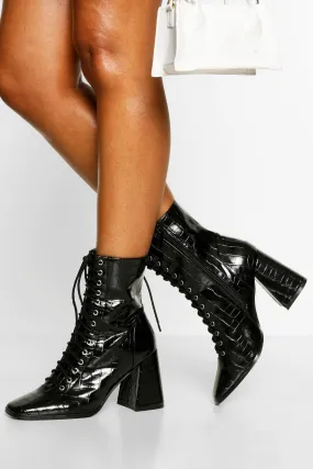 Lace Up Detail Block Heel Booties