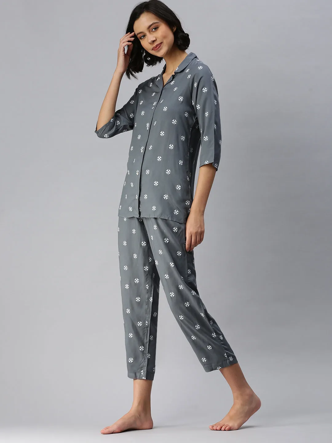 Ladies Printed Pyjama Set Grey