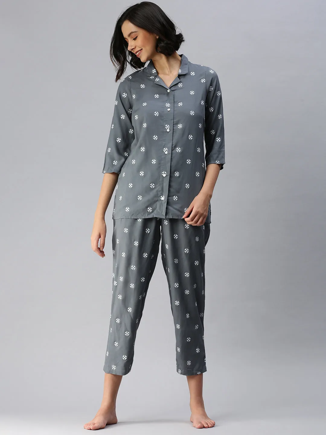 Ladies Printed Pyjama Set Grey