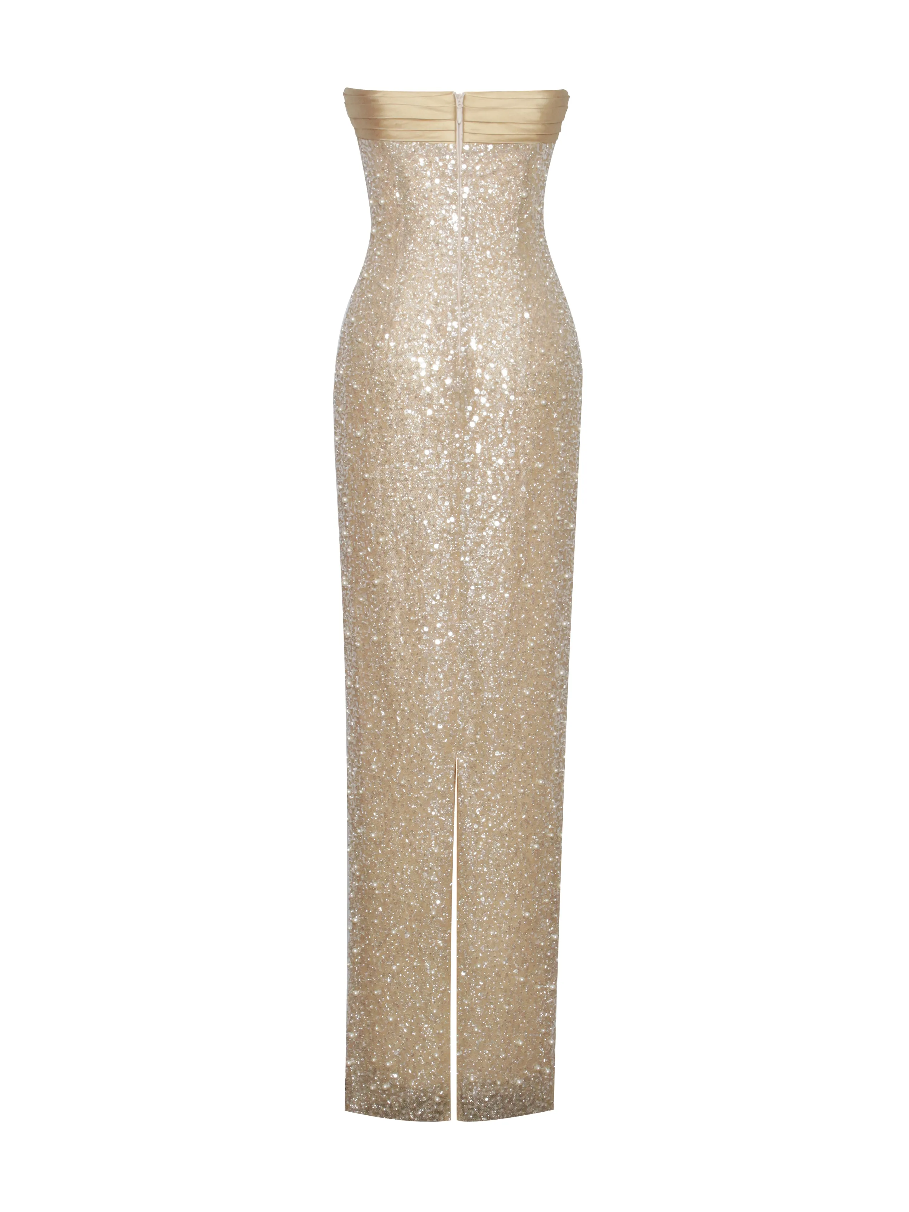 Lainey Gold Satin Sequin Pearls Beaded Maxi Dress