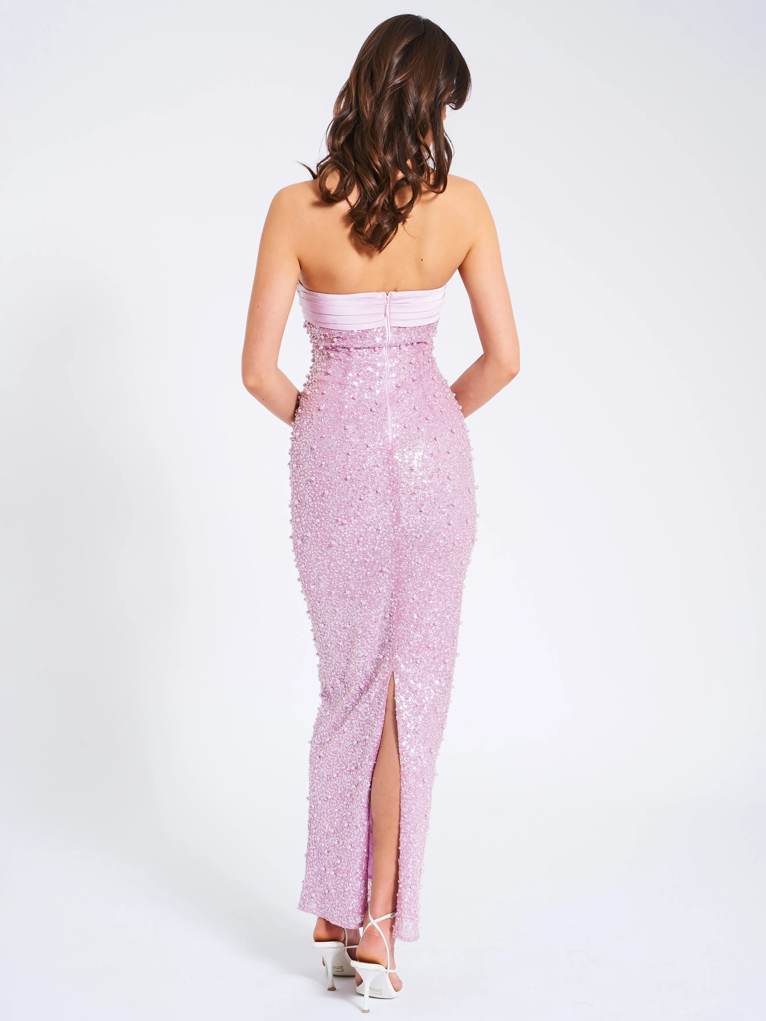 Lainey Purple Satin Sequin Pearls Beaded Maxi Dress