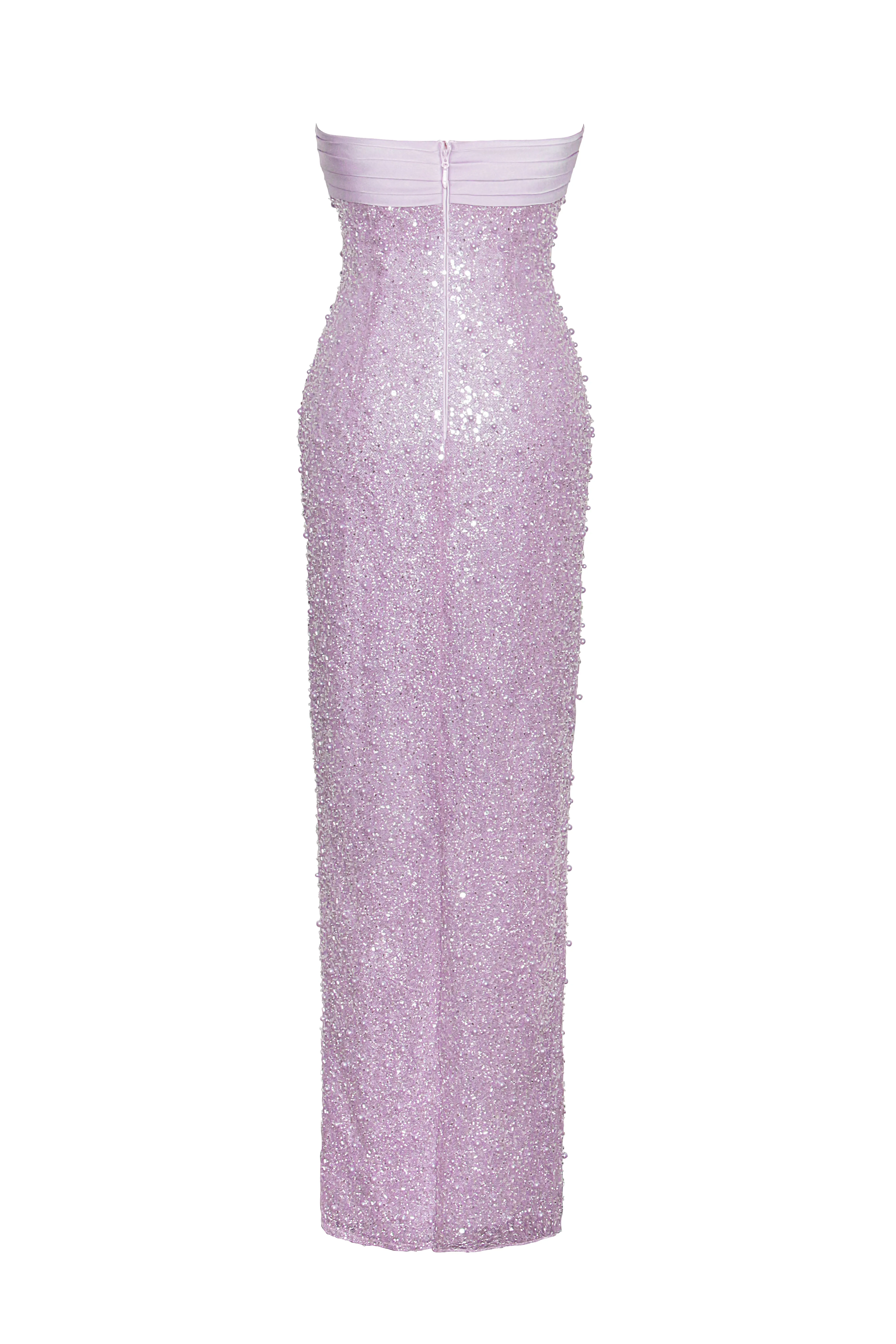 Lainey Purple Satin Sequin Pearls Beaded Maxi Dress