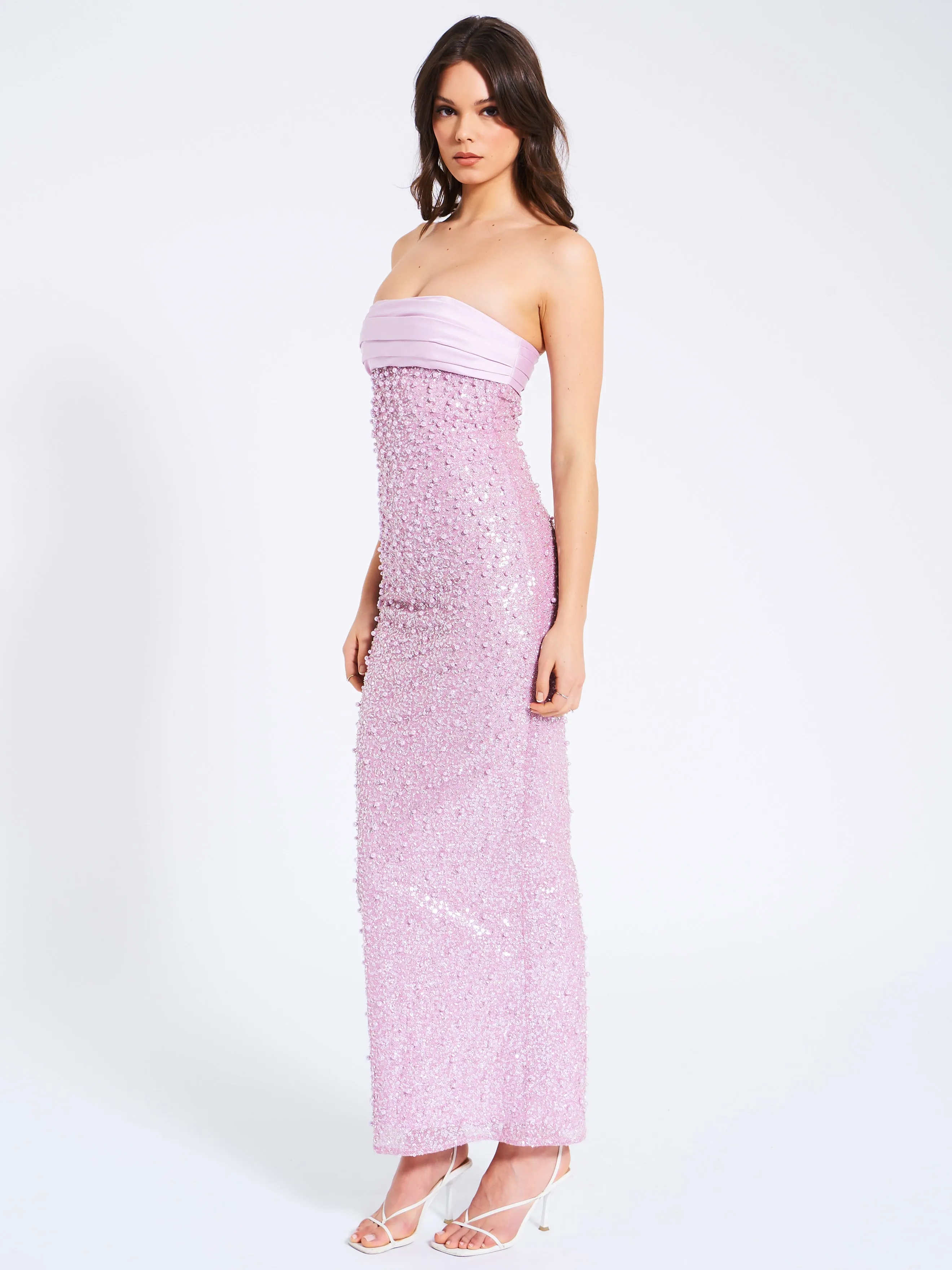 Lainey Purple Satin Sequin Pearls Beaded Maxi Dress