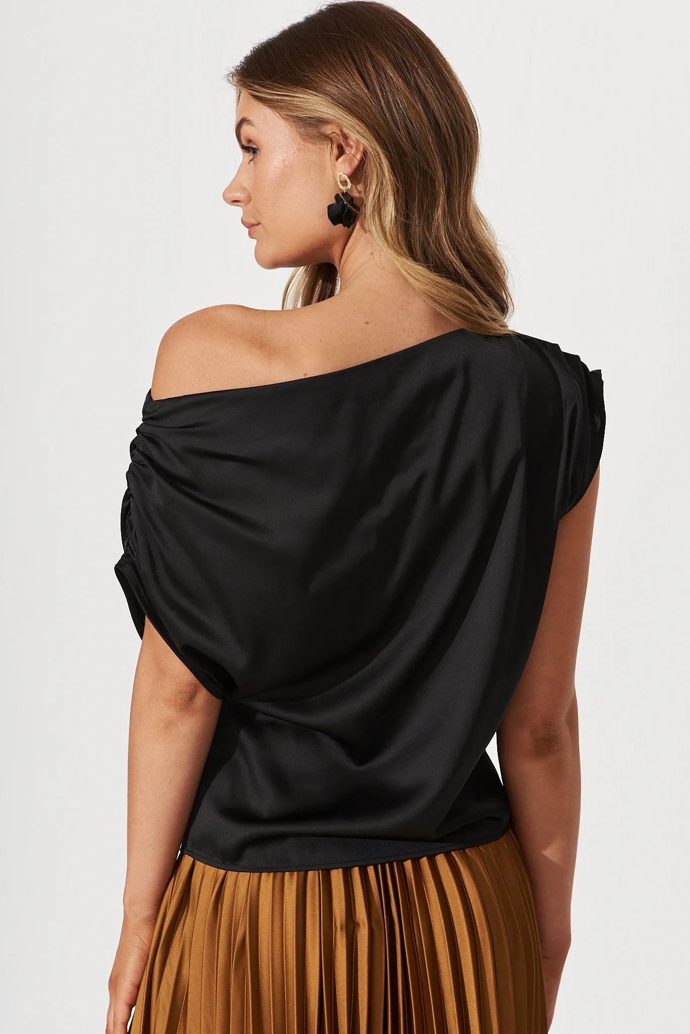 Liana Off Shoulder Top In Black Satin