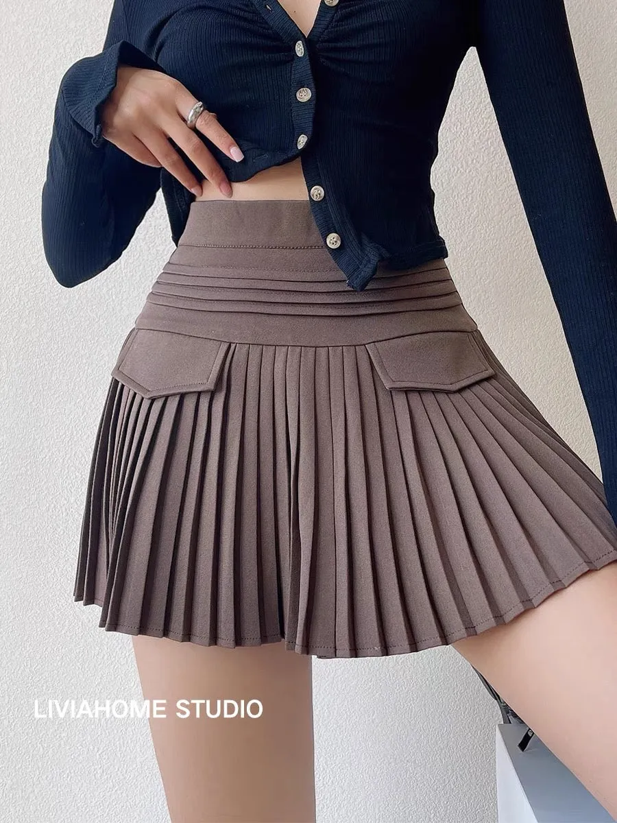 liviahome Design Fake Pockets Pure Desire Hot Girl High Waist Pleated Skirt Anti-Exposed Skirt Short Skirt for Women (T197)