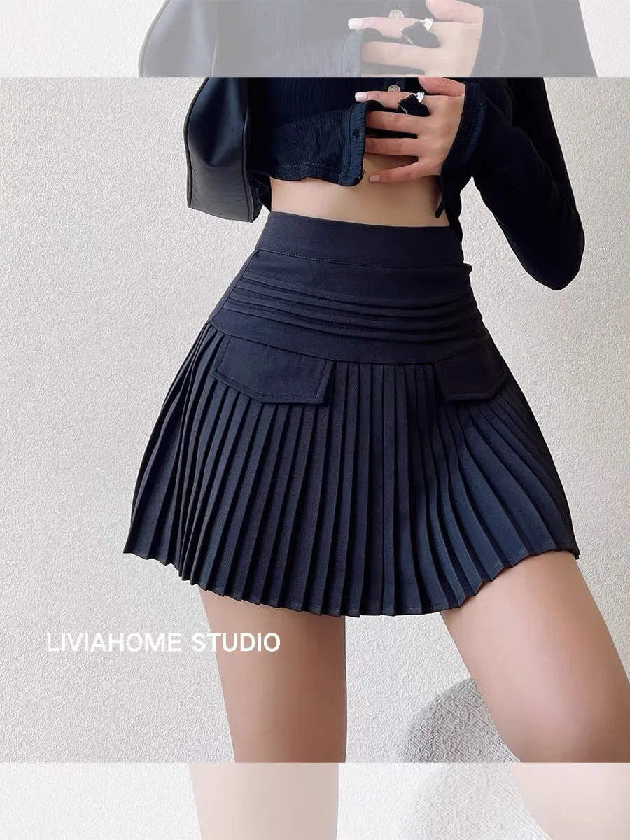 liviahome Design Fake Pockets Pure Desire Hot Girl High Waist Pleated Skirt Anti-Exposed Skirt Short Skirt for Women (T197)