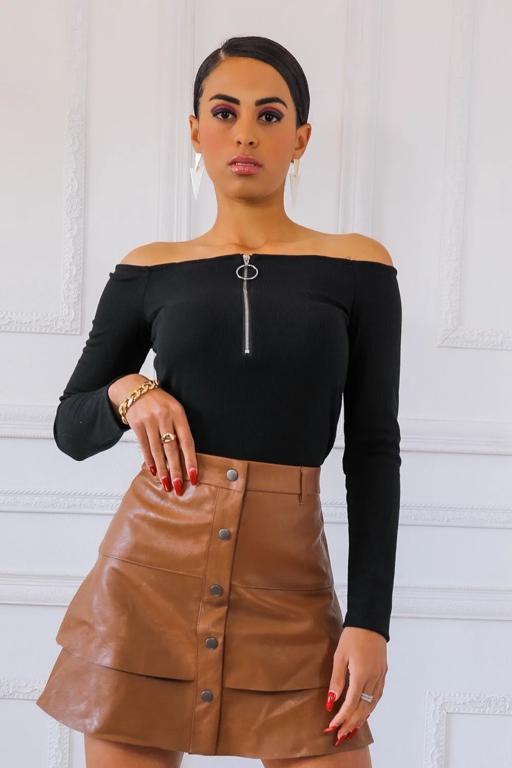 Long Sleeve Off-Shoulder Top With 3/4 O Ring Front Zipper