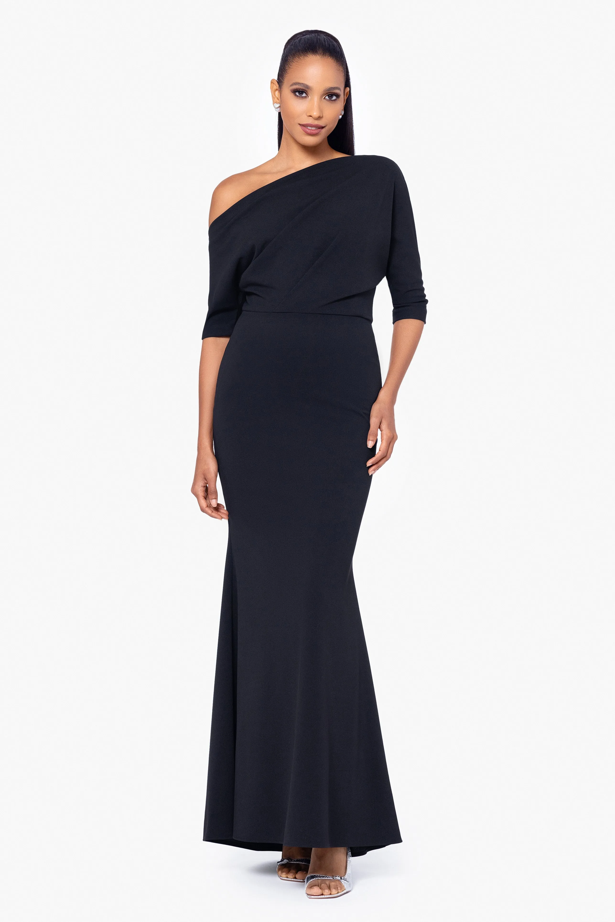 Madeline Long Crepe Off the Shoulder Drop Dress