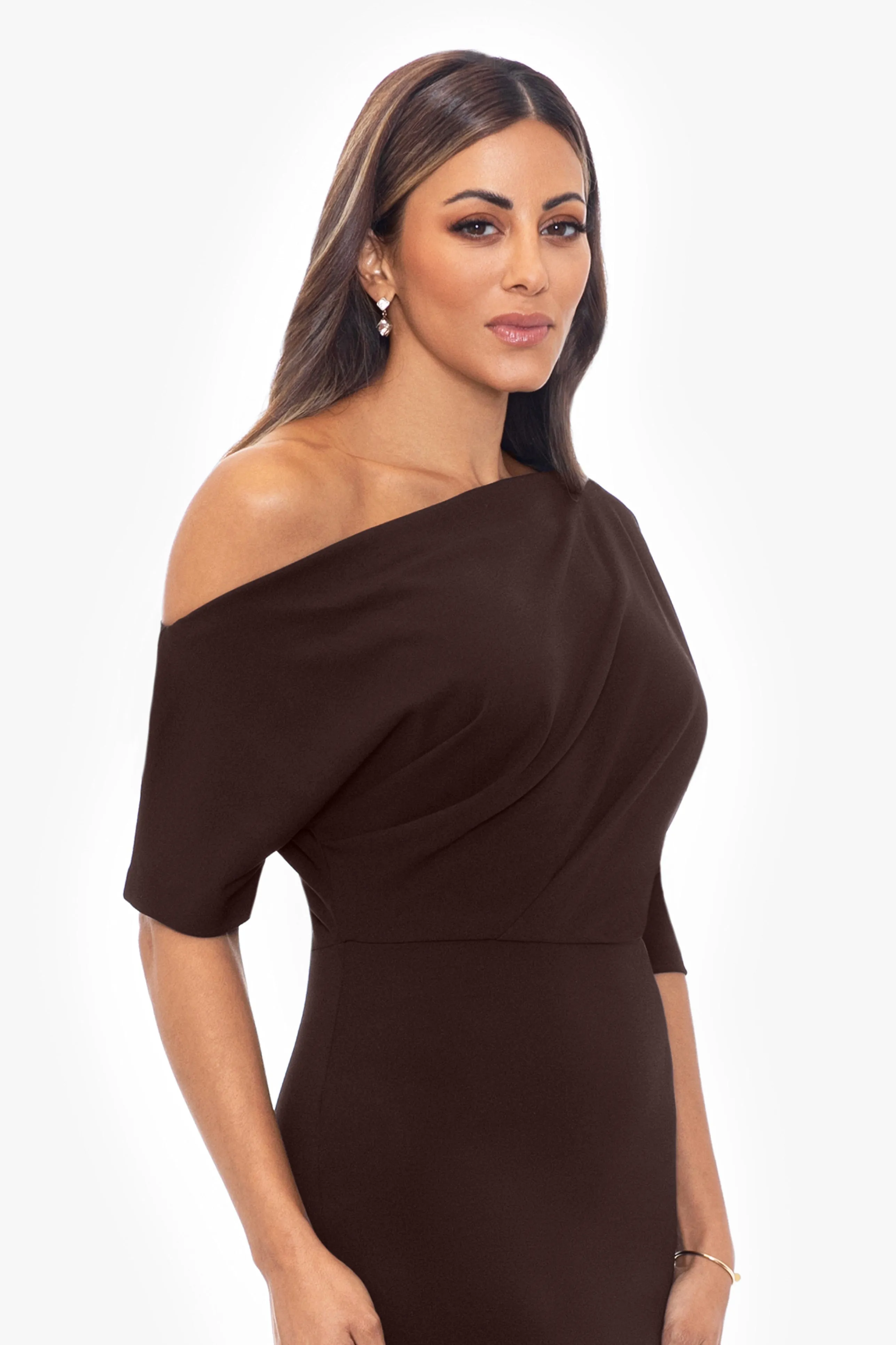 Madeline Long Crepe Off the Shoulder Drop Dress