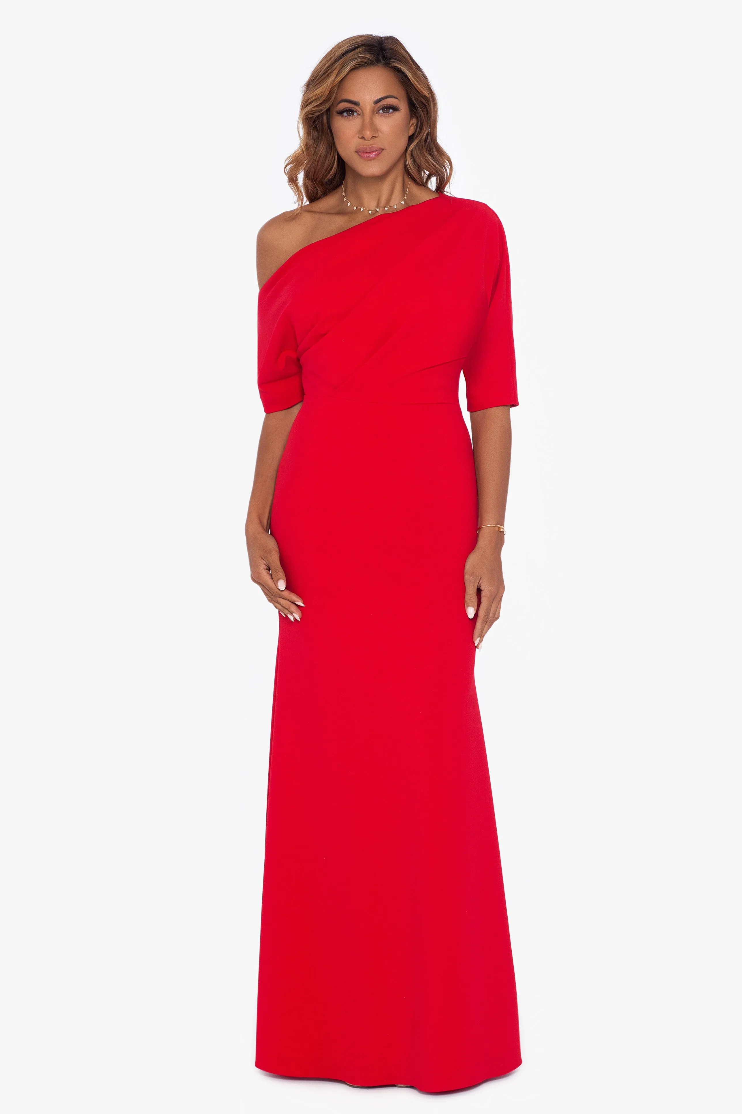 Madeline Long Crepe Off the Shoulder Drop Dress