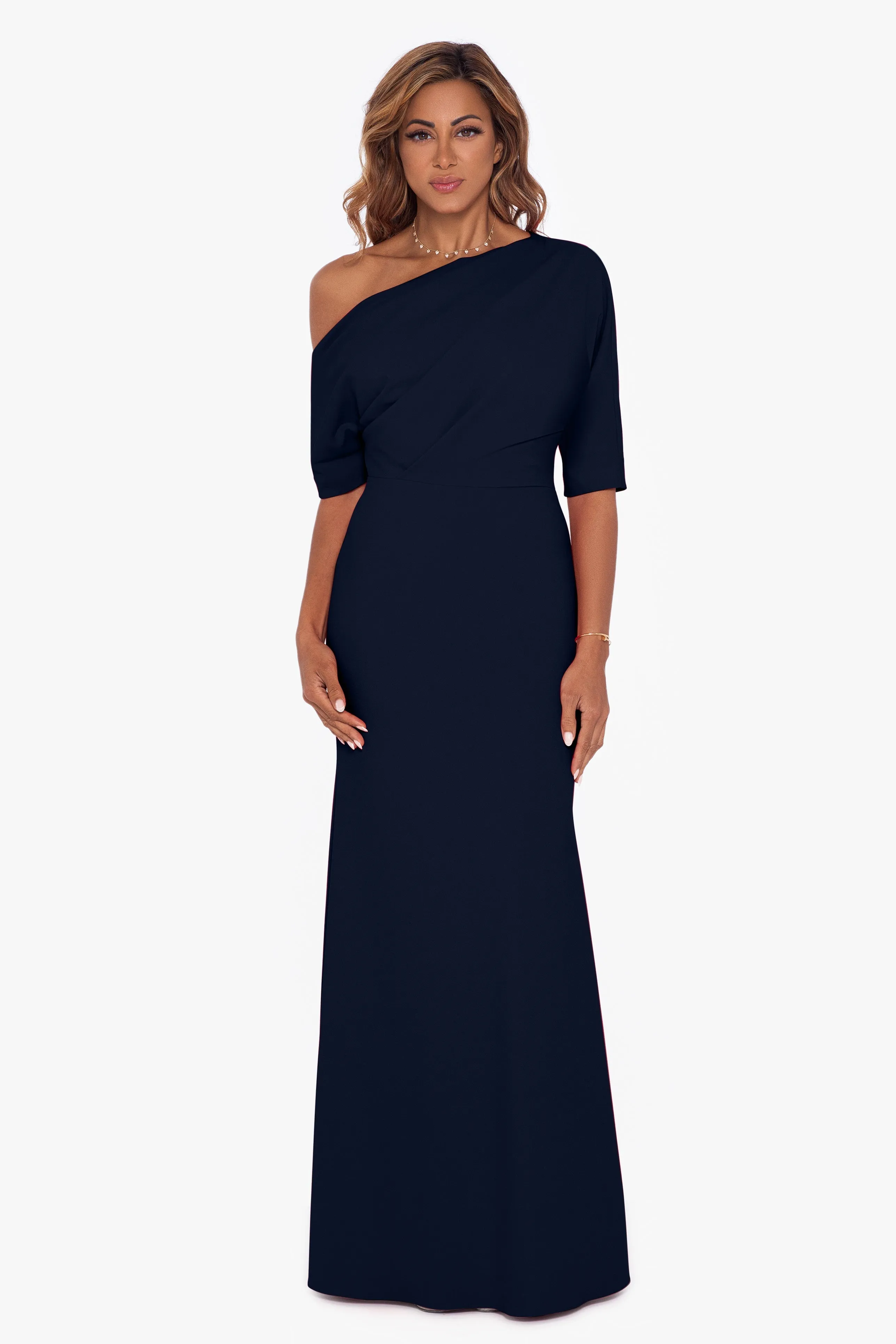 Madeline Long Crepe Off the Shoulder Drop Dress