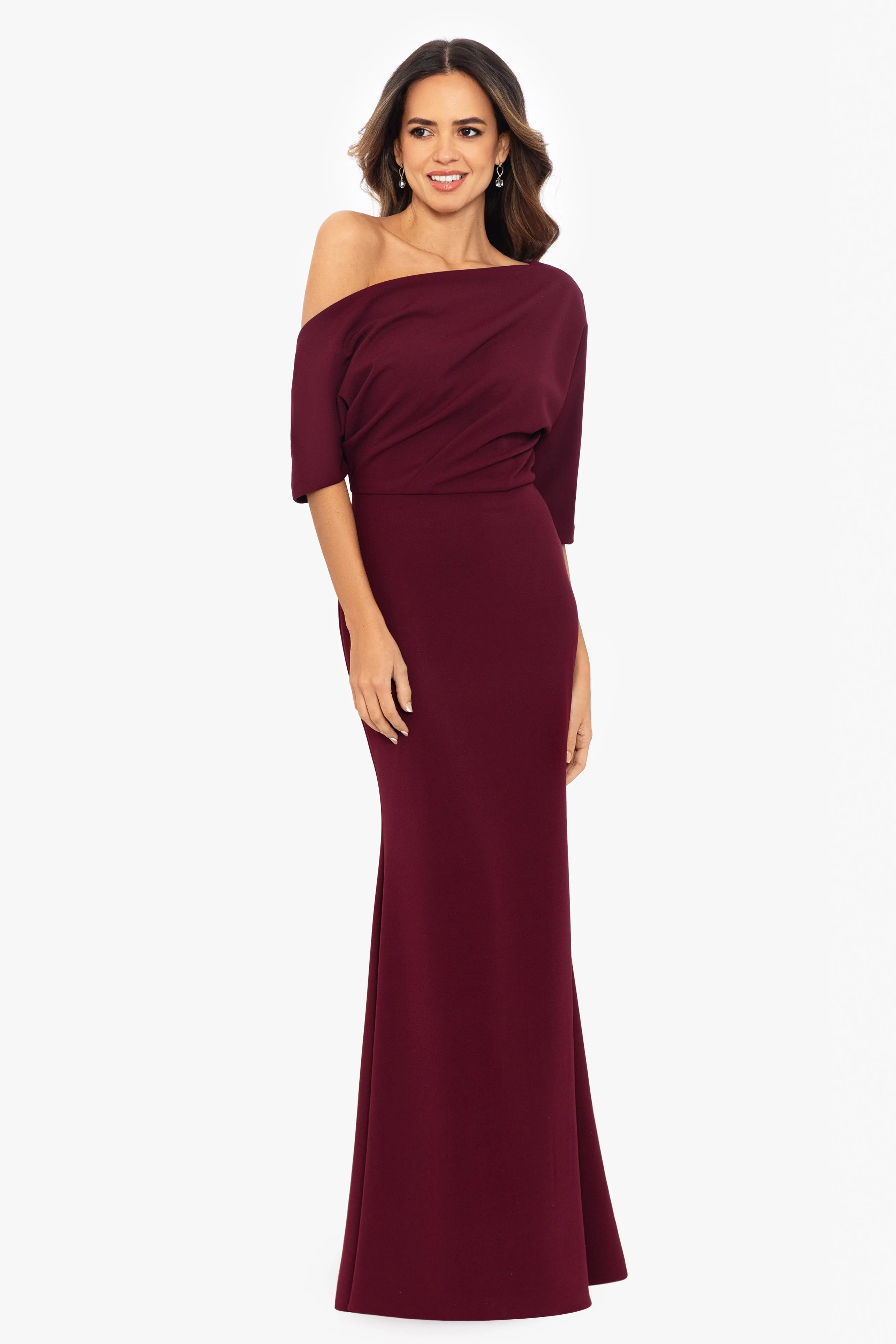 Madeline Long Crepe Off the Shoulder Drop Dress