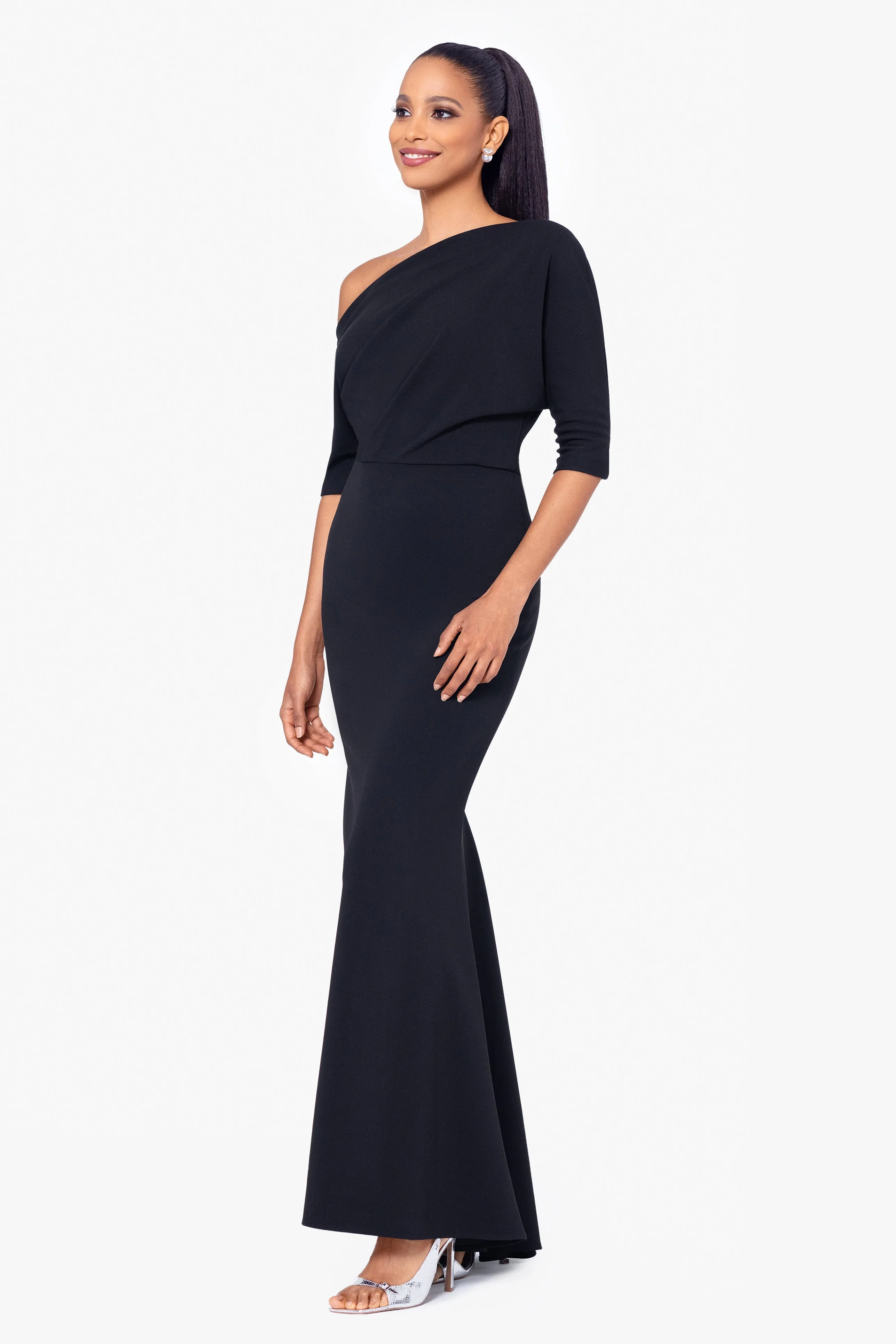 Madeline Long Crepe Off the Shoulder Drop Dress