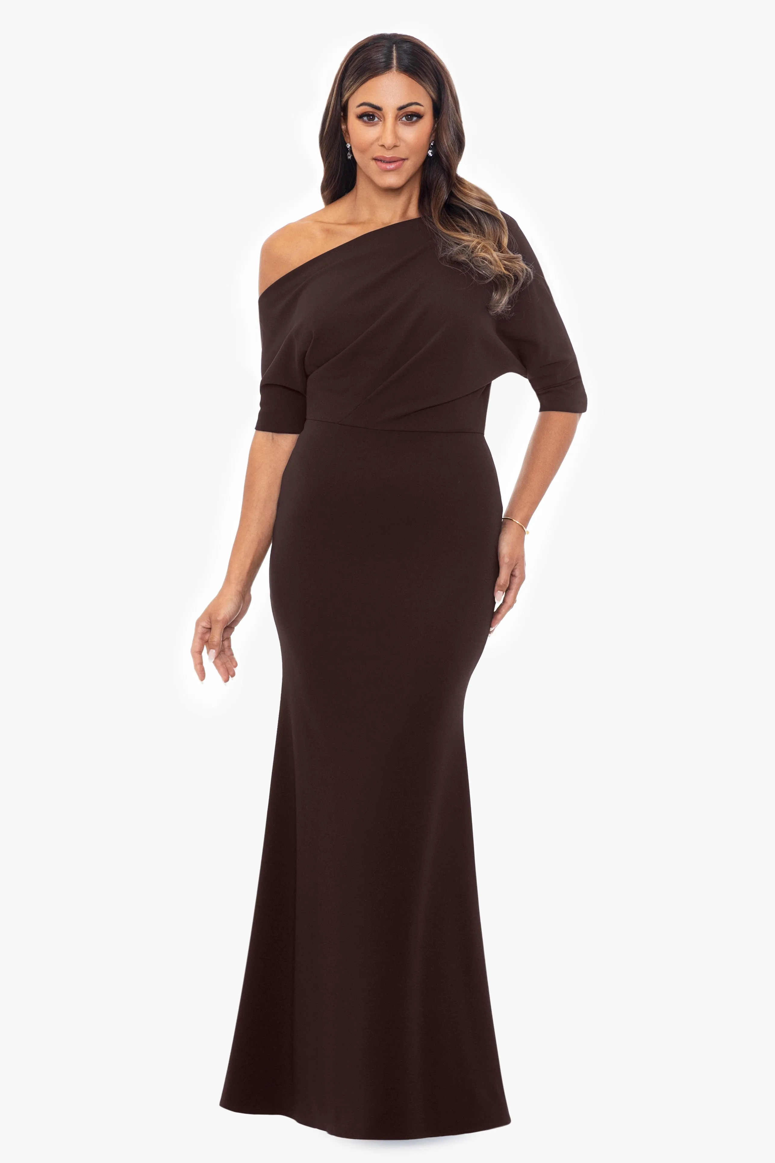 Madeline Long Crepe Off the Shoulder Drop Dress