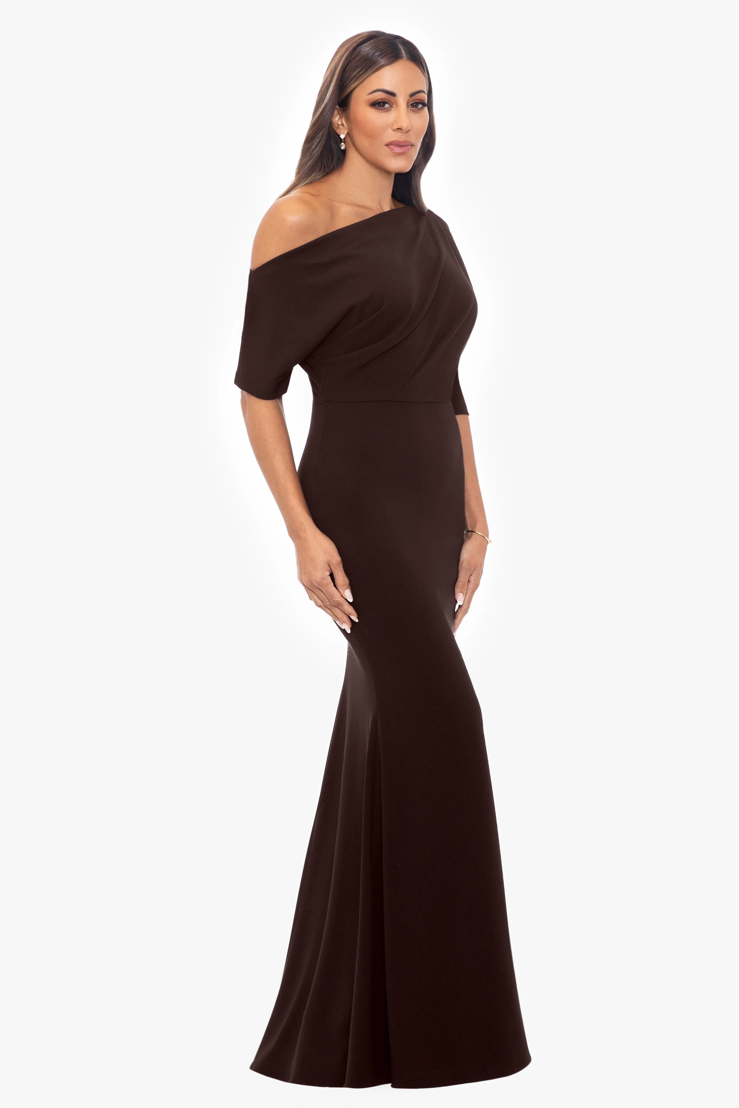 Madeline Long Crepe Off the Shoulder Drop Dress