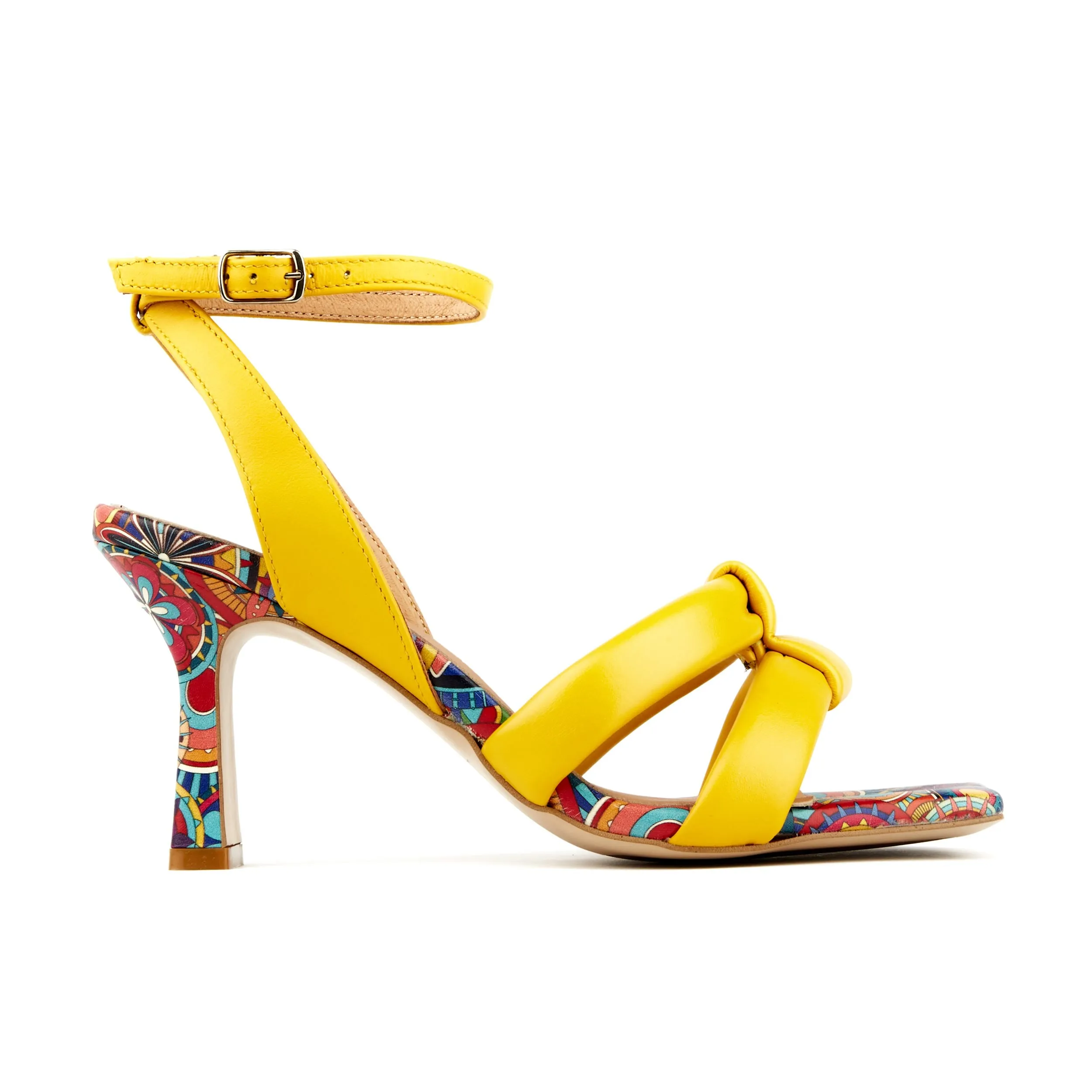 MALIBU YELLOW SIGNATURE - Women's leather strappy heel sandal in yellow colour